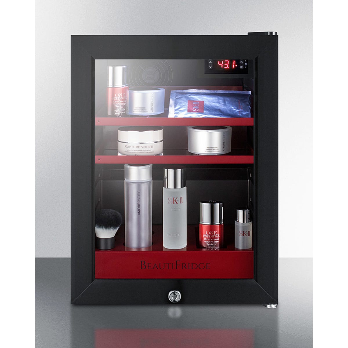 Summit - BeautiFridge cosmetics refrigerator with ruby shelving and glass door - LX114LR Summit - BeautiFridge cosmetics refrigerator with ruby shelving and glass door - LX114LR