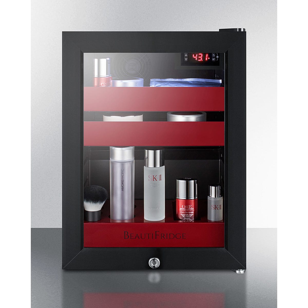 Summit - BeautiFridge cosmetics refrigerator with ruby shelving and glass door - LX114LR Summit - BeautiFridge cosmetics refrigerator with ruby shelving and glass door - LX114LR