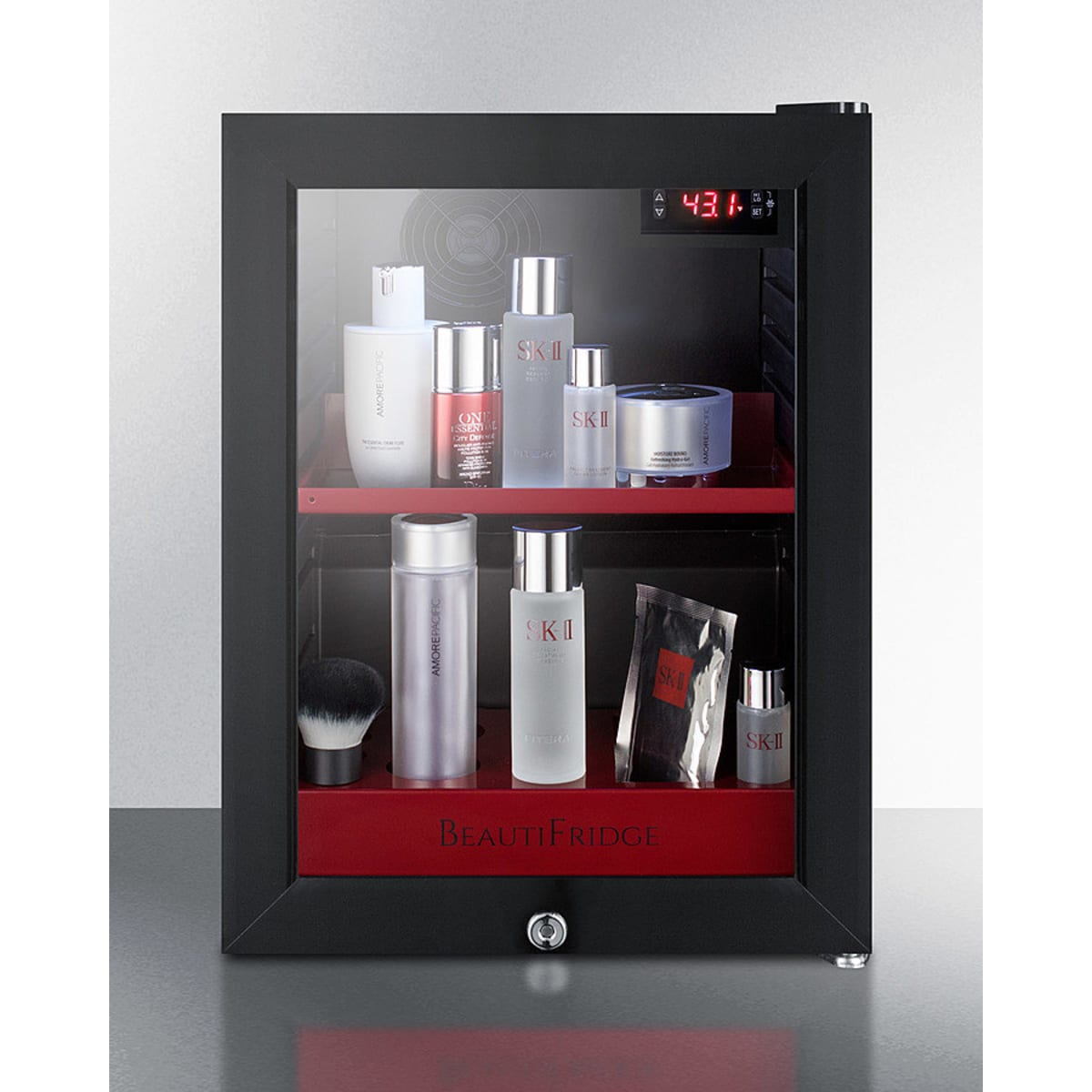 Summit - BeautiFridge cosmetics refrigerator with ruby shelving and glass door - LX114LR Summit - BeautiFridge cosmetics refrigerator with ruby shelving and glass door - LX114LR