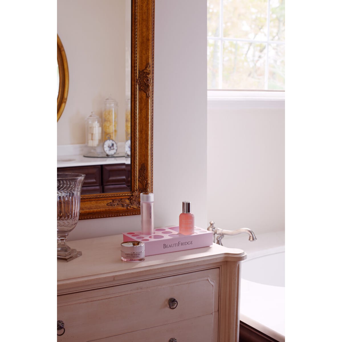 Summit - BeautiFridge cosmetics refrigerator with pink shelving and pink trimmed glass door - LX114LPTP Summit - BeautiFridge cosmetics refrigerator with pink shelving and pink trimmed glass door - LX114LPTP