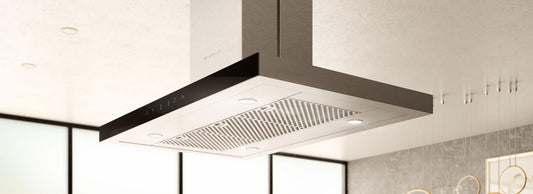 Elica - MAGGIORE - Techne - 42" W x 27" D x 2 3/8" H, 600 CFM, Stainless & Black Glass - Island Hoods | EMG642S1