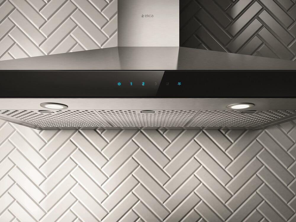 Elica - VARNA - Techne - 30" W x 19 11/16" D x 10 1/4" H, Stainless & Black Glass - Wall Mount Hoods | EVR630S2 Elica - VARNA - Techne - 30" W x 19 11/16" D x 10 1/4" H, Stainless & Black Glass - Wall Mount Hoods | EVR630S2