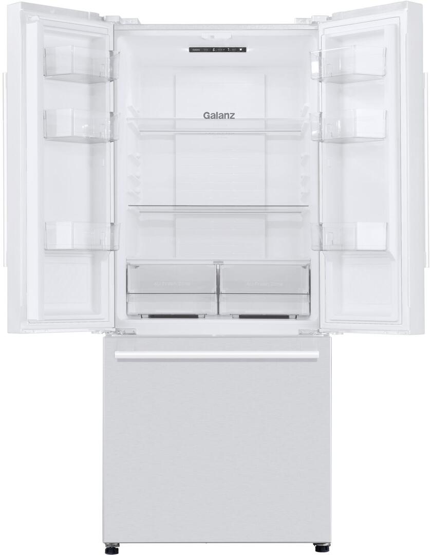 GALANZ - 29 Inch Freestanding French Door Refrigerator with 16 cu. ft. Total Capacity, 3 Glass Shelves, Crisper Drawer, Frost Free Defrost | GLR16FWEE16 GALANZ - 29 Inch Freestanding French Door Refrigerator with 16 cu. ft. Total Capacity, 3 Glass Shelves, Crisper Drawer, Frost Free Defrost | GLR16FWEE16