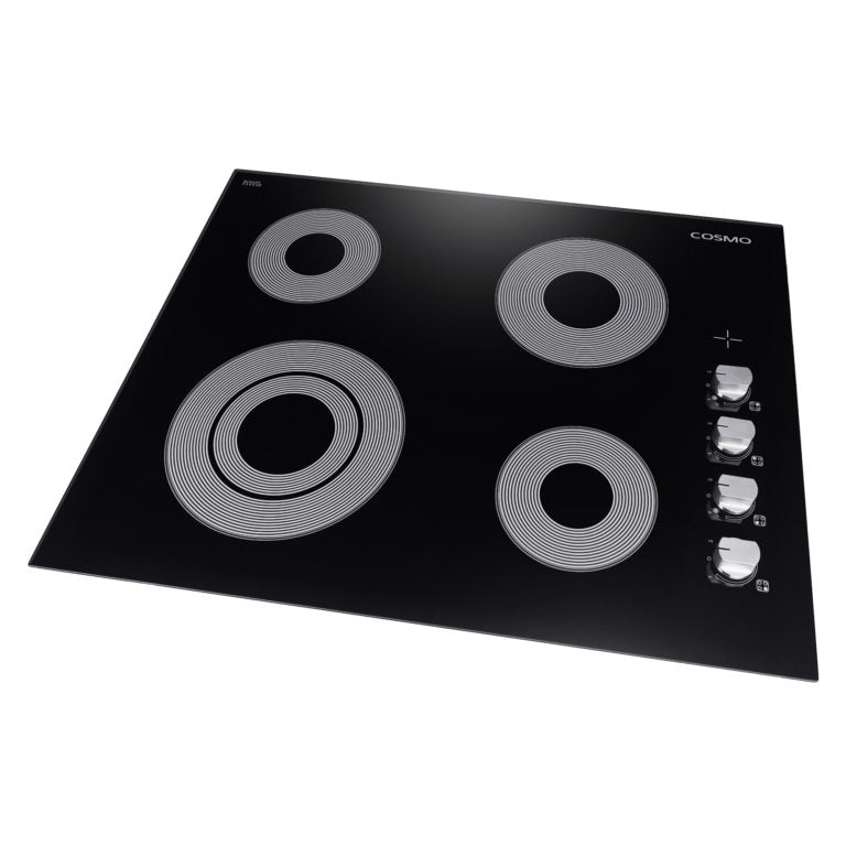 Cosmo - 24 in. Electric Ceramic Glass Cooktop with 4 Elements, Dual Zone Element, Hot Surface Indicator Light and Control Knobs | COS-244ECC Cosmo - 24 in. Electric Ceramic Glass Cooktop with 4 Elements, Dual Zone Element, Hot Surface Indicator Light and Control Knobs | COS-244ECC