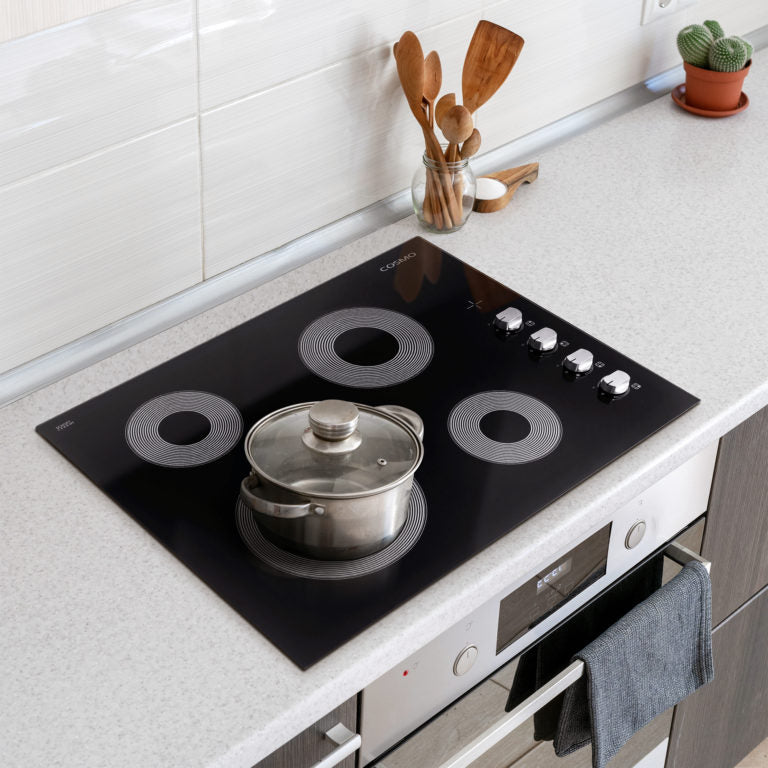 Cosmo - 24 in. Electric Ceramic Glass Cooktop with 4 Elements, Dual Zone Element, Hot Surface Indicator Light and Control Knobs | COS-244ECC Cosmo - 24 in. Electric Ceramic Glass Cooktop with 4 Elements, Dual Zone Element, Hot Surface Indicator Light and Control Knobs | COS-244ECC