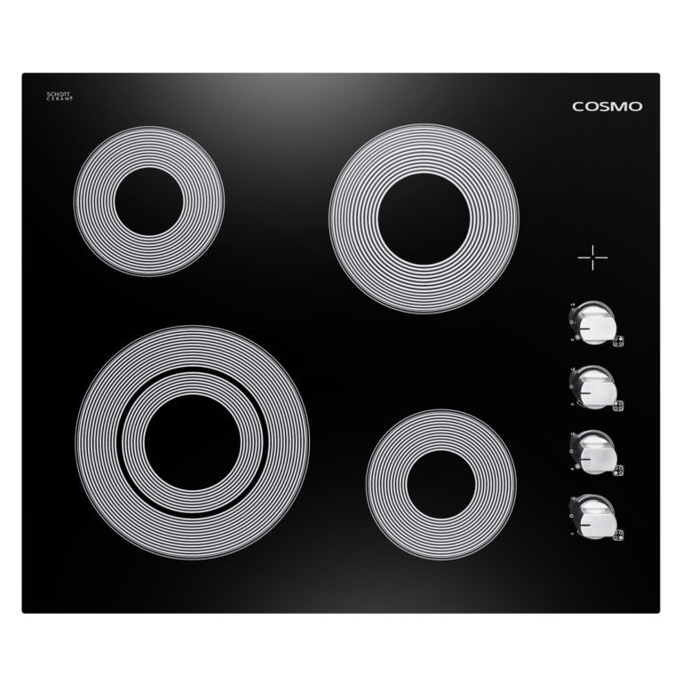 Cosmo - 24 in. Electric Ceramic Glass Cooktop with 4 Elements, Dual Zone Element, Hot Surface Indicator Light and Control Knobs | COS-244ECC Cosmo - 24 in. Electric Ceramic Glass Cooktop with 4 Elements, Dual Zone Element, Hot Surface Indicator Light and Control Knobs | COS-244ECC