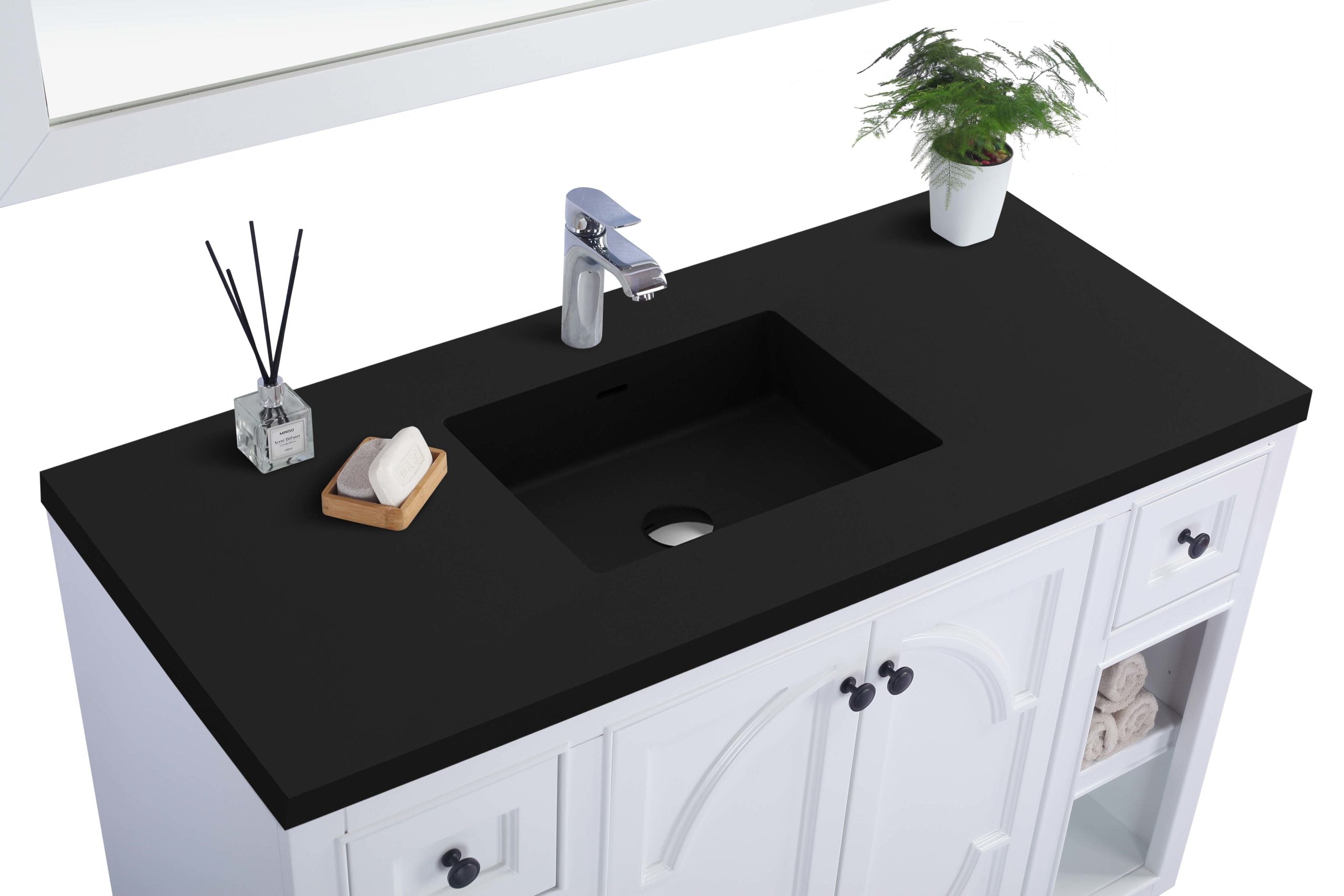 Laviva - Odyssey 48" White Bathroom Vanity with Matte Black VIVA Stone Solid Surface Countertop | 313613-48W-MB Laviva - Odyssey 48" White Bathroom Vanity with Matte Black VIVA Stone Solid Surface Countertop | 313613-48W-MB