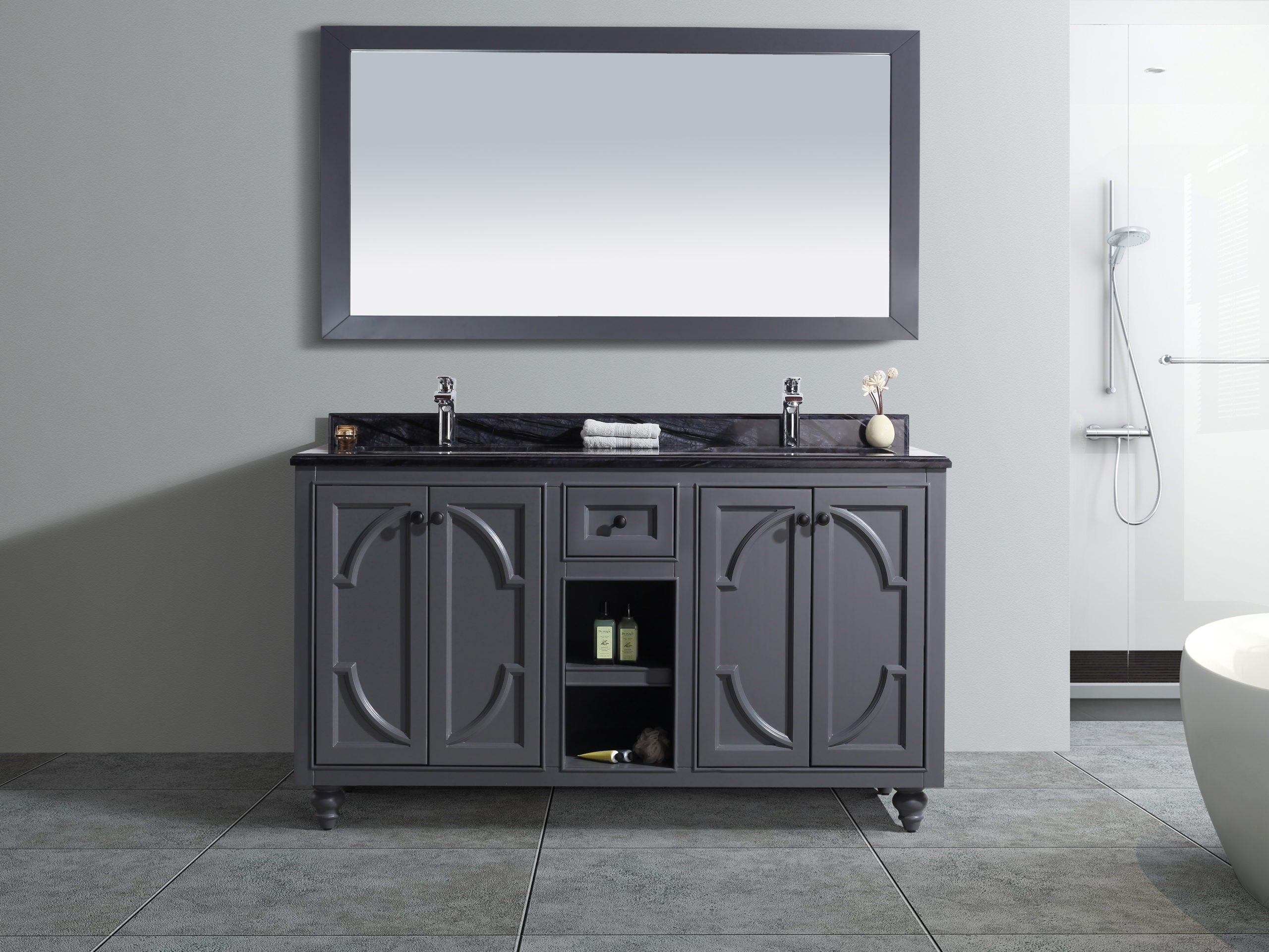 Laviva - Odyssey 60" Maple Grey Double Sink Bathroom Vanity with Black Wood Marble Countertop | 313613-60G-BW Laviva - Odyssey 60" Maple Grey Double Sink Bathroom Vanity with Black Wood Marble Countertop | 313613-60G-BW