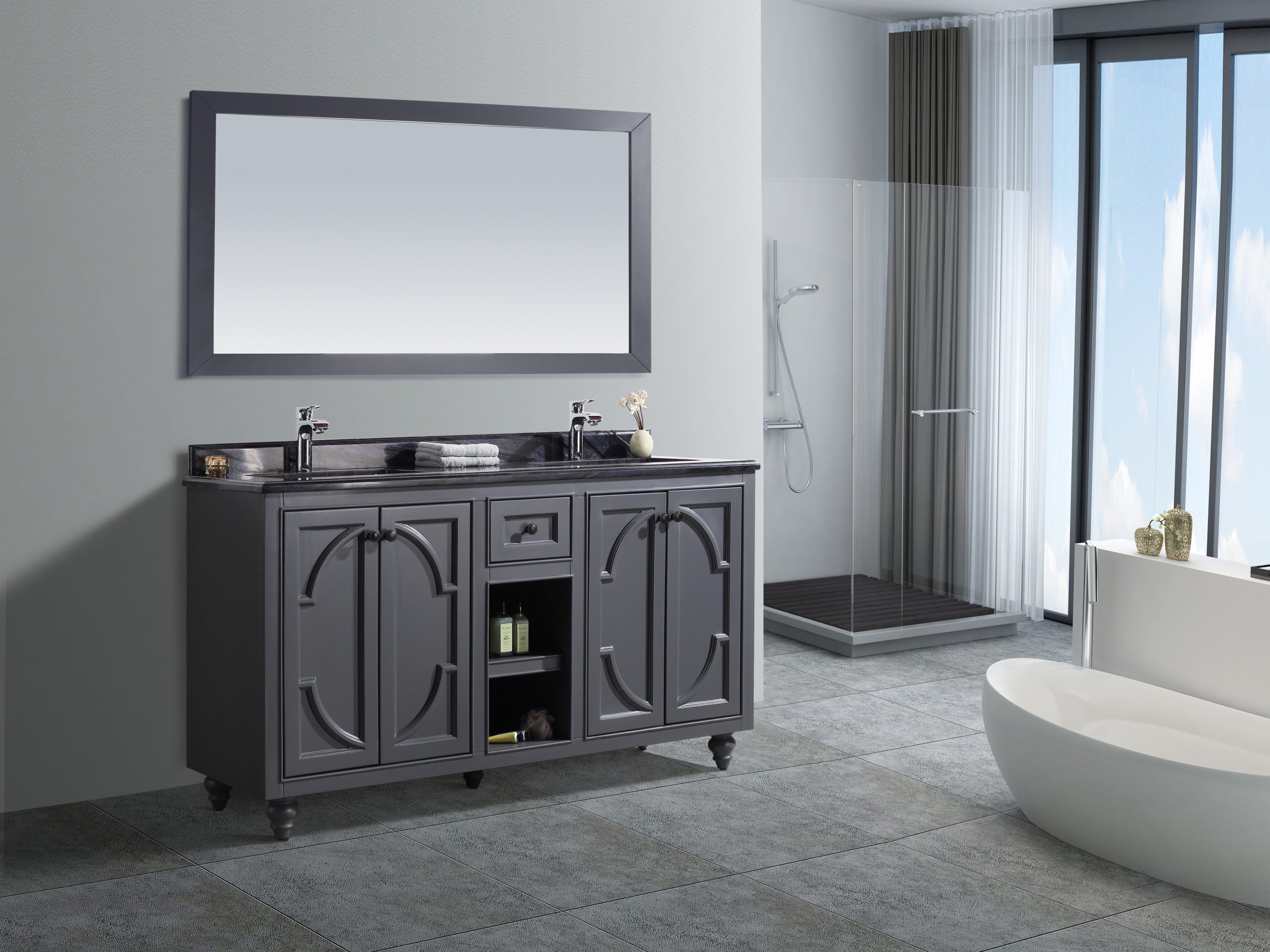 Laviva - Odyssey 60" Maple Grey Double Sink Bathroom Vanity with Black Wood Marble Countertop | 313613-60G-BW Laviva - Odyssey 60" Maple Grey Double Sink Bathroom Vanity with Black Wood Marble Countertop | 313613-60G-BW