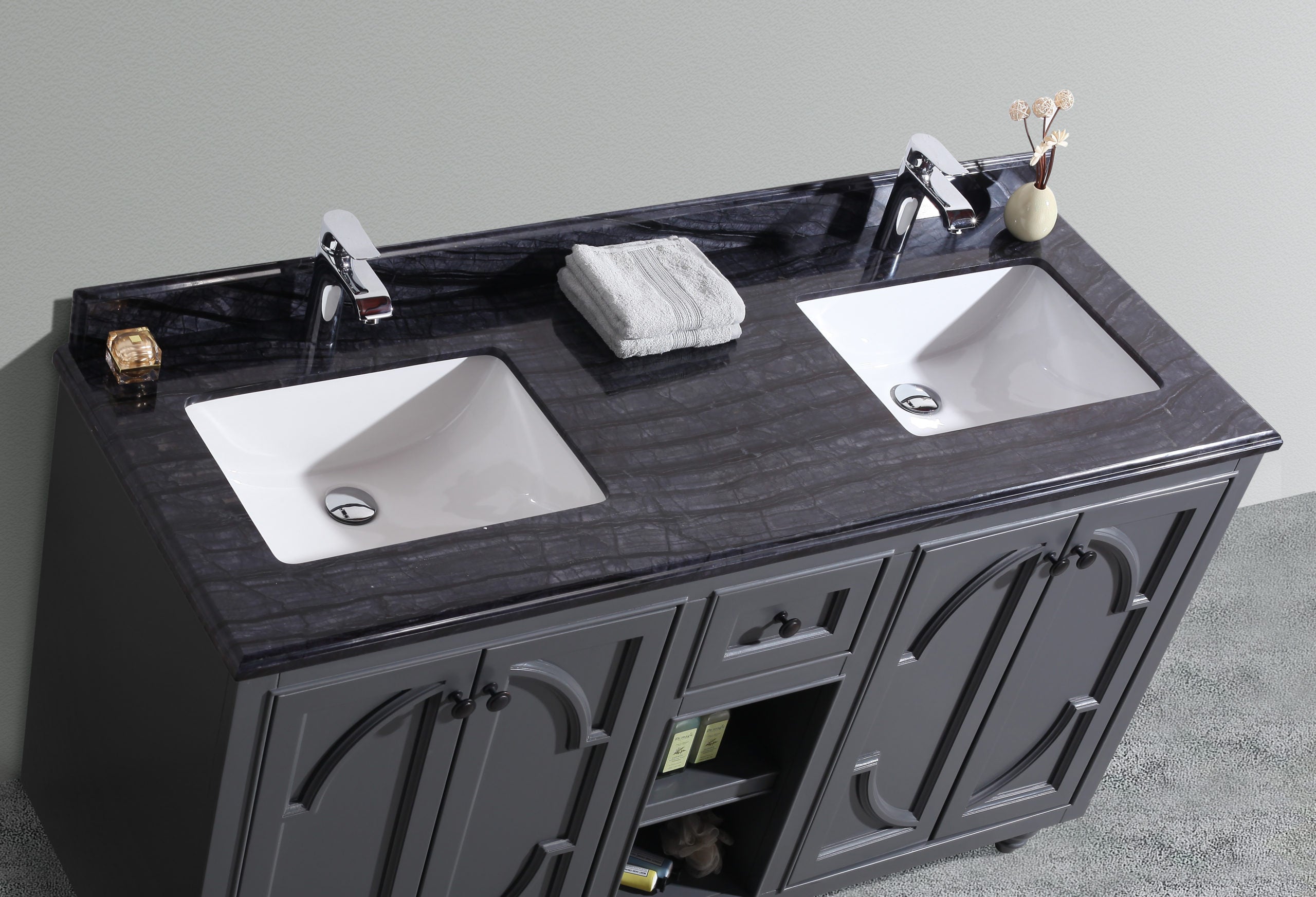 Laviva - Odyssey 60" Maple Grey Double Sink Bathroom Vanity with Black Wood Marble Countertop | 313613-60G-BW Laviva - Odyssey 60" Maple Grey Double Sink Bathroom Vanity with Black Wood Marble Countertop | 313613-60G-BW