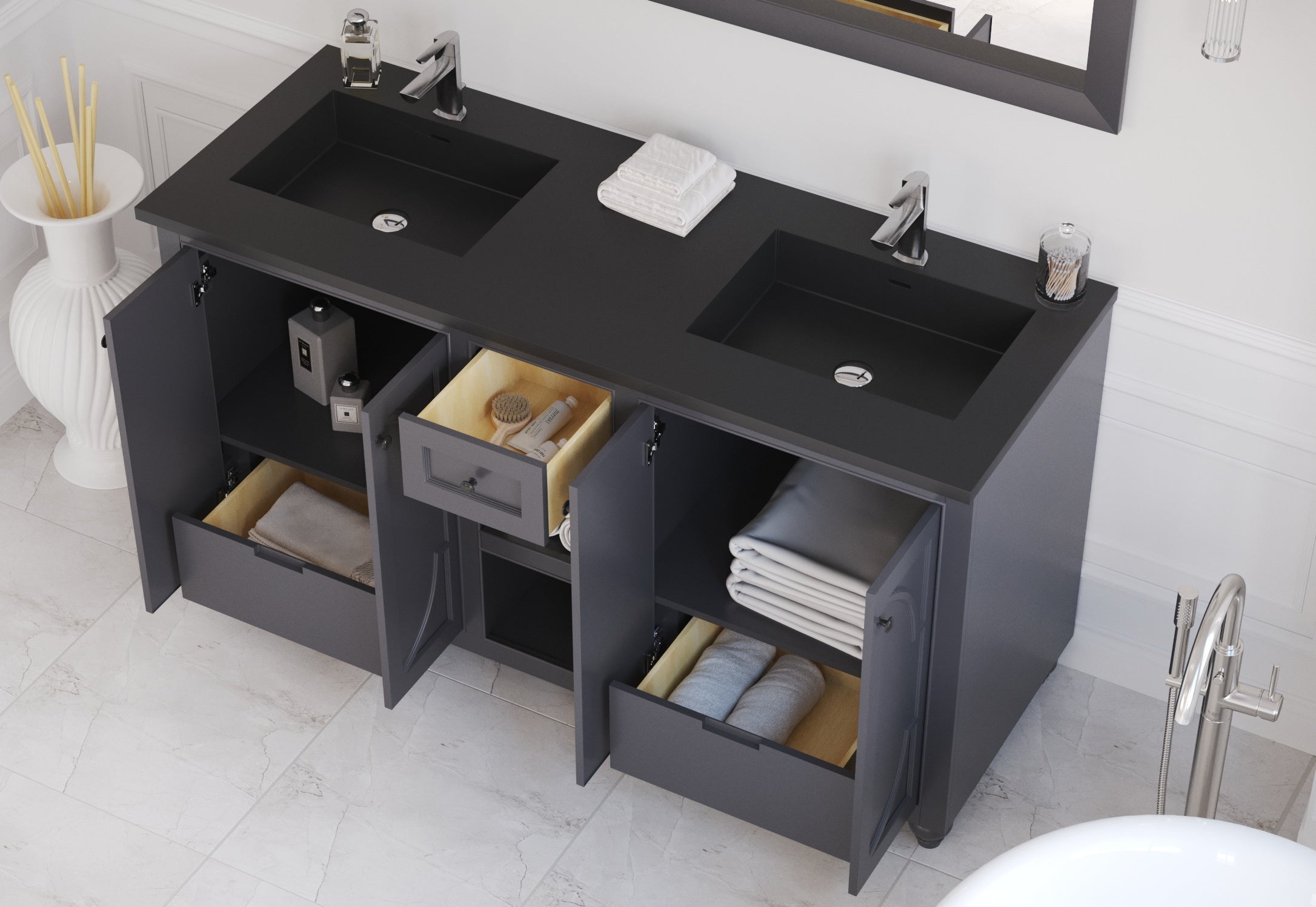 Laviva - Odyssey 60" Maple Grey Double Sink Bathroom Vanity with Matte Black VIVA Stone Solid Surface Countertop | 313613-60G-MB Laviva - Odyssey 60" Maple Grey Double Sink Bathroom Vanity with Matte Black VIVA Stone Solid Surface Countertop | 313613-60G-MB