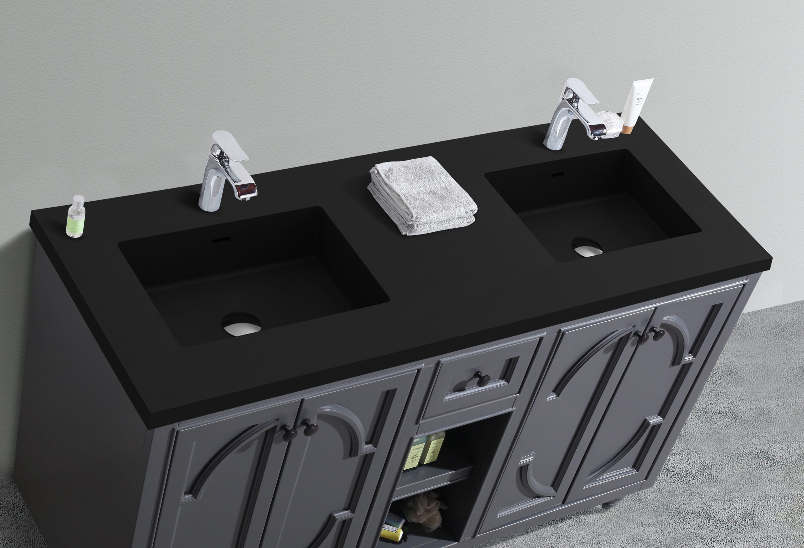 Laviva - Odyssey 60" Maple Grey Double Sink Bathroom Vanity with Matte Black VIVA Stone Solid Surface Countertop | 313613-60G-MB Laviva - Odyssey 60" Maple Grey Double Sink Bathroom Vanity with Matte Black VIVA Stone Solid Surface Countertop | 313613-60G-MB