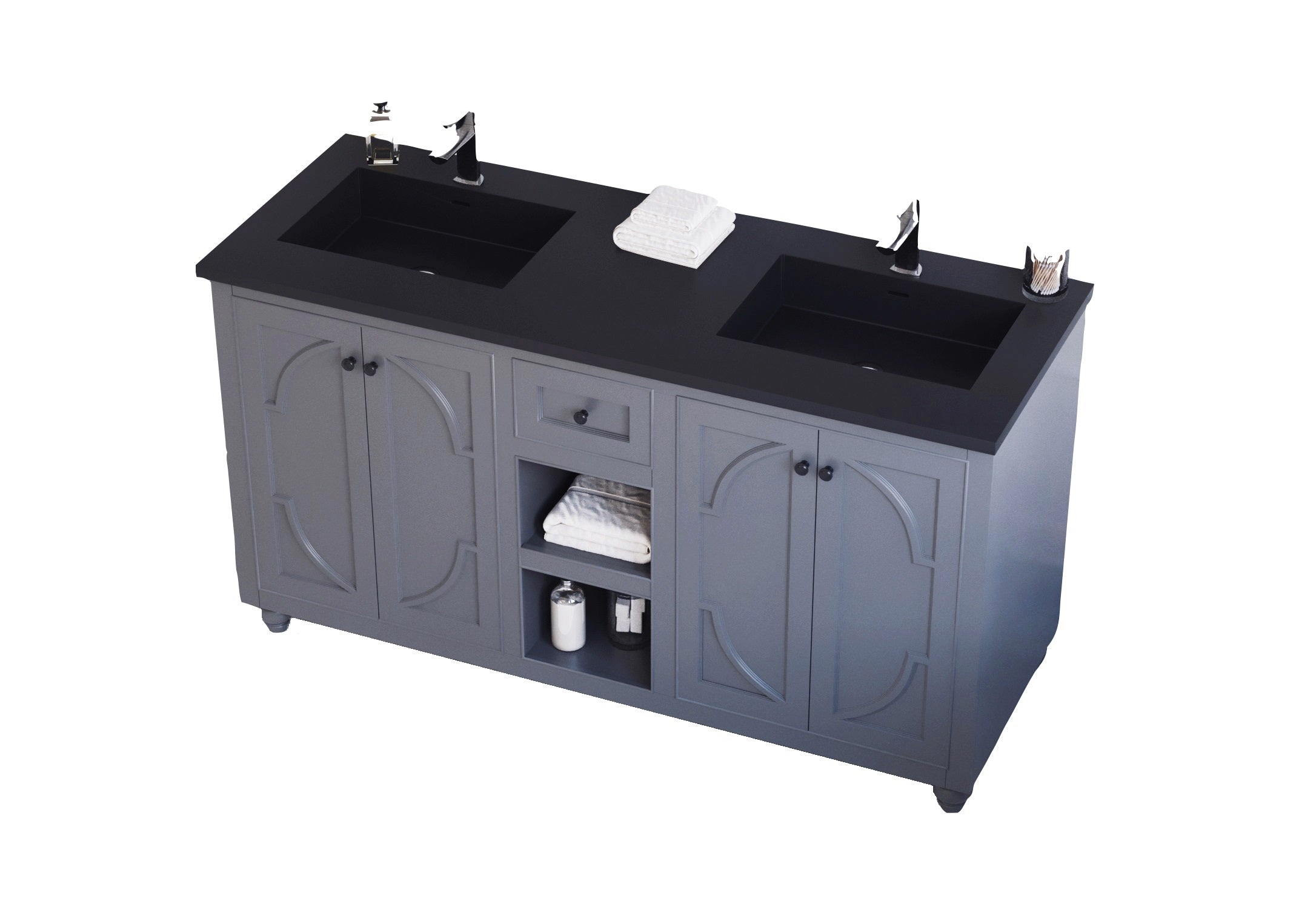 Laviva - Odyssey 60" Maple Grey Double Sink Bathroom Vanity with Matte Black VIVA Stone Solid Surface Countertop | 313613-60G-MB Laviva - Odyssey 60" Maple Grey Double Sink Bathroom Vanity with Matte Black VIVA Stone Solid Surface Countertop | 313613-60G-MB