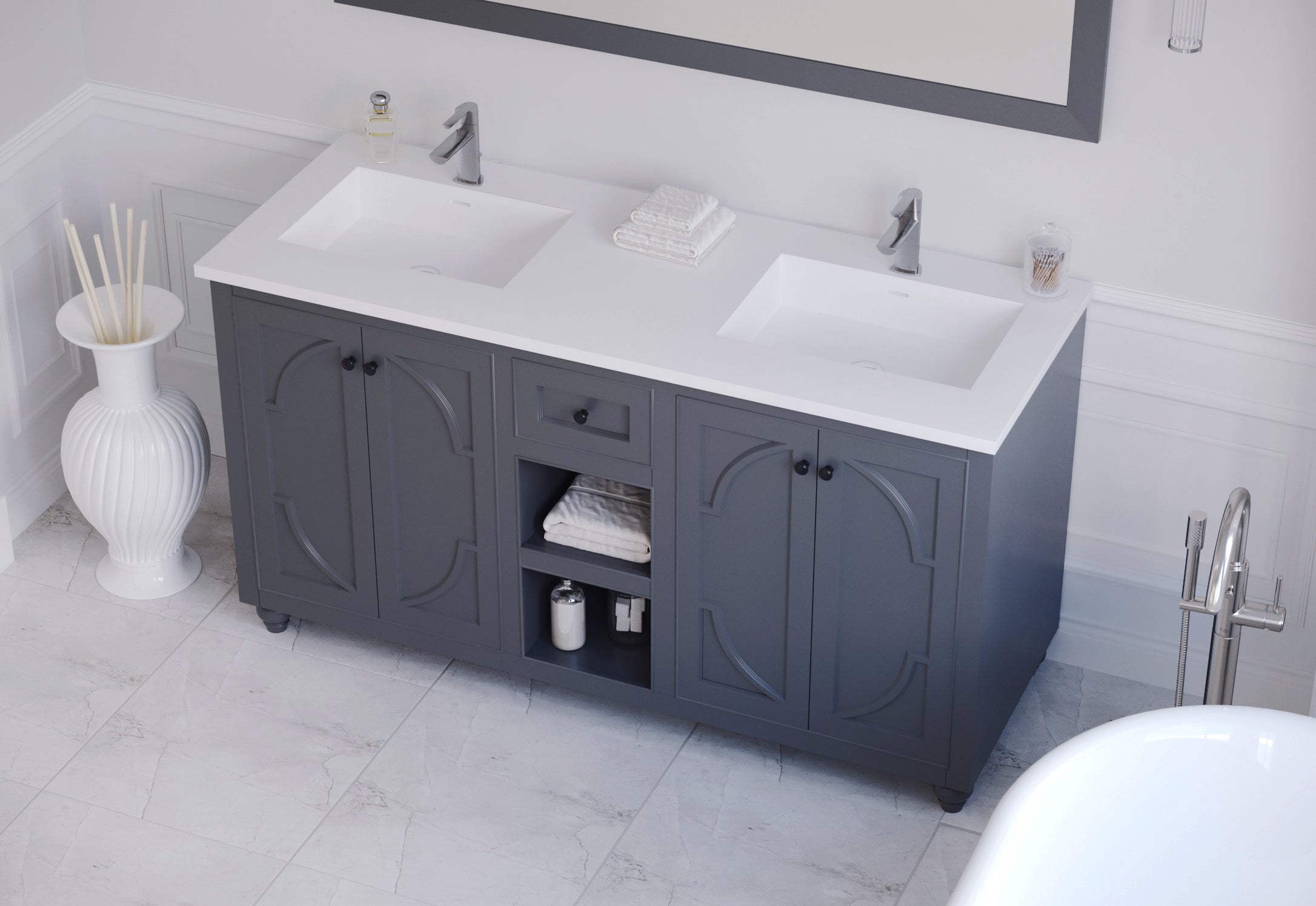 Laviva - Odyssey 60" Maple Grey Double Sink Bathroom Vanity with Matte White VIVA Stone Solid Surface Countertop | 313613-60G-MW Laviva - Odyssey 60" Maple Grey Double Sink Bathroom Vanity with Matte White VIVA Stone Solid Surface Countertop | 313613-60G-MW