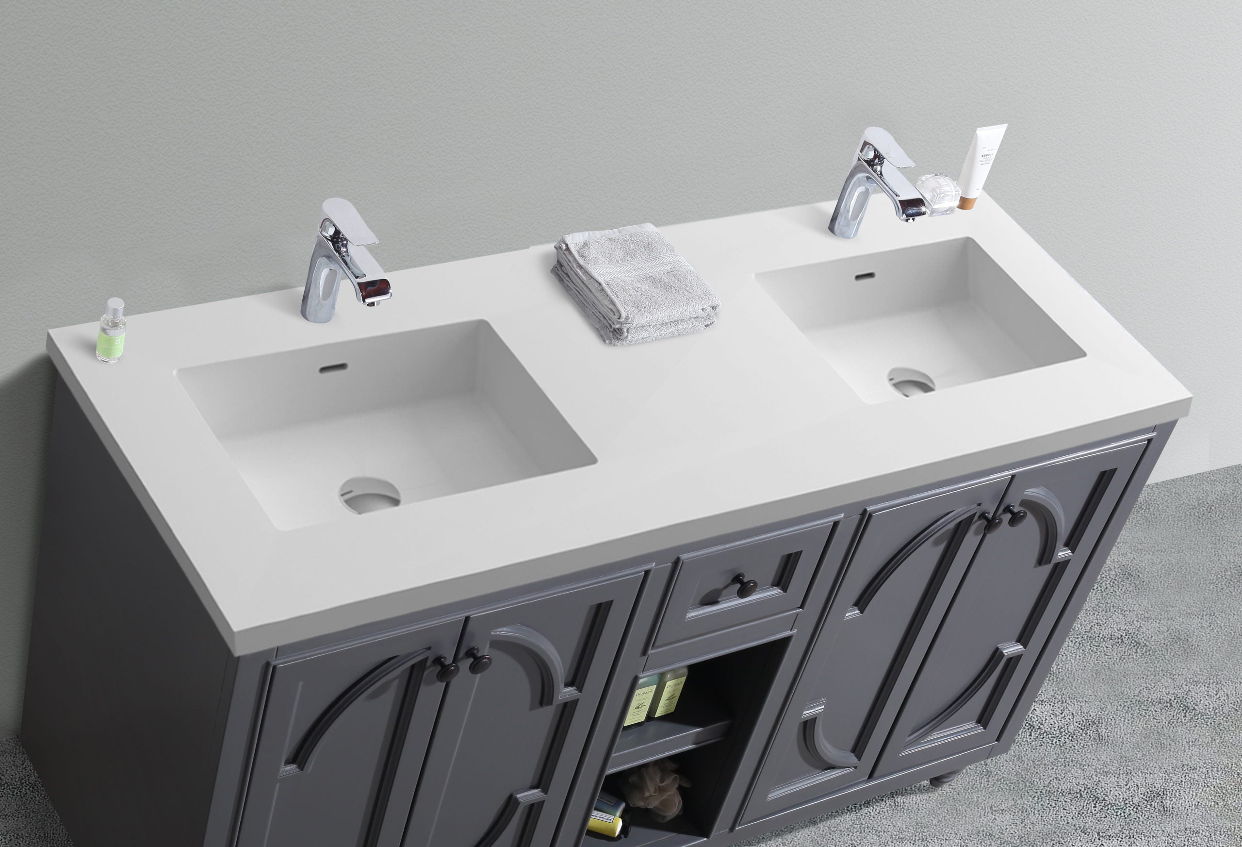 Laviva - Odyssey 60" Maple Grey Double Sink Bathroom Vanity with Matte White VIVA Stone Solid Surface Countertop | 313613-60G-MW Laviva - Odyssey 60" Maple Grey Double Sink Bathroom Vanity with Matte White VIVA Stone Solid Surface Countertop | 313613-60G-MW