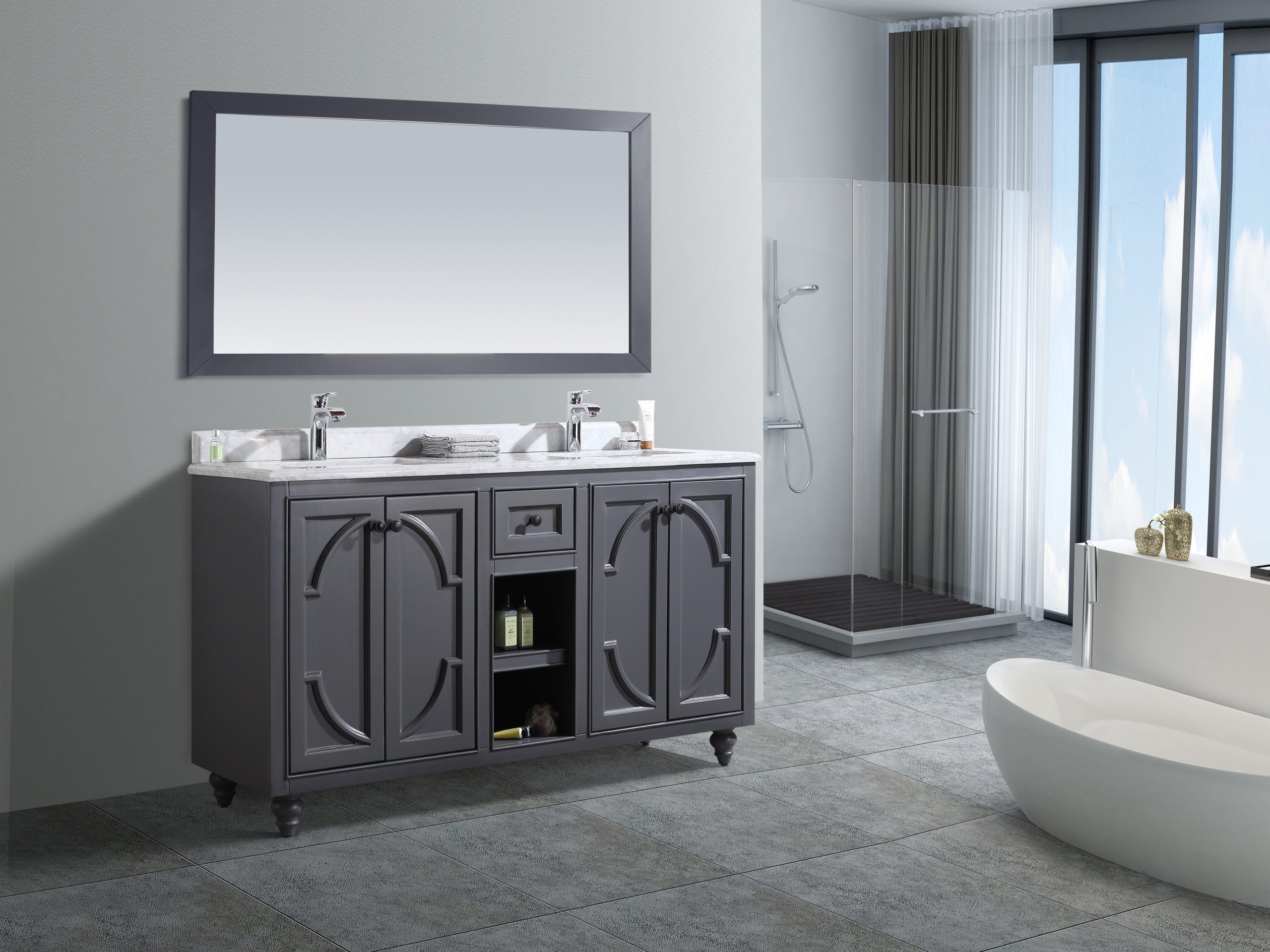 Laviva - Odyssey 60" Maple Grey Double Sink Bathroom Vanity with White Carrara Marble Countertop | 313613-60G-WC Laviva - Odyssey 60" Maple Grey Double Sink Bathroom Vanity with White Carrara Marble Countertop | 313613-60G-WC