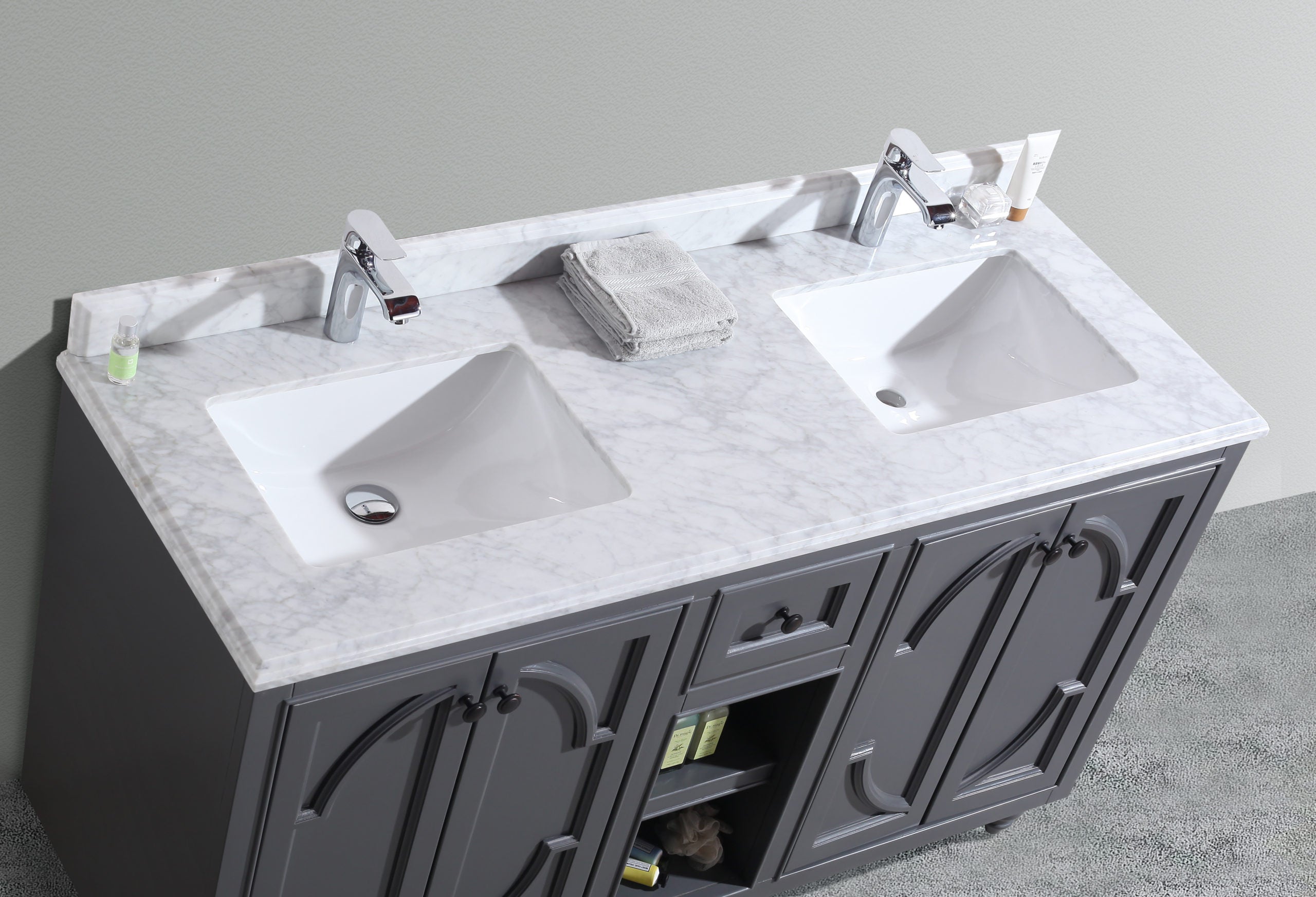 Laviva - Odyssey 60" Maple Grey Double Sink Bathroom Vanity with White Carrara Marble Countertop | 313613-60G-WC Laviva - Odyssey 60" Maple Grey Double Sink Bathroom Vanity with White Carrara Marble Countertop | 313613-60G-WC