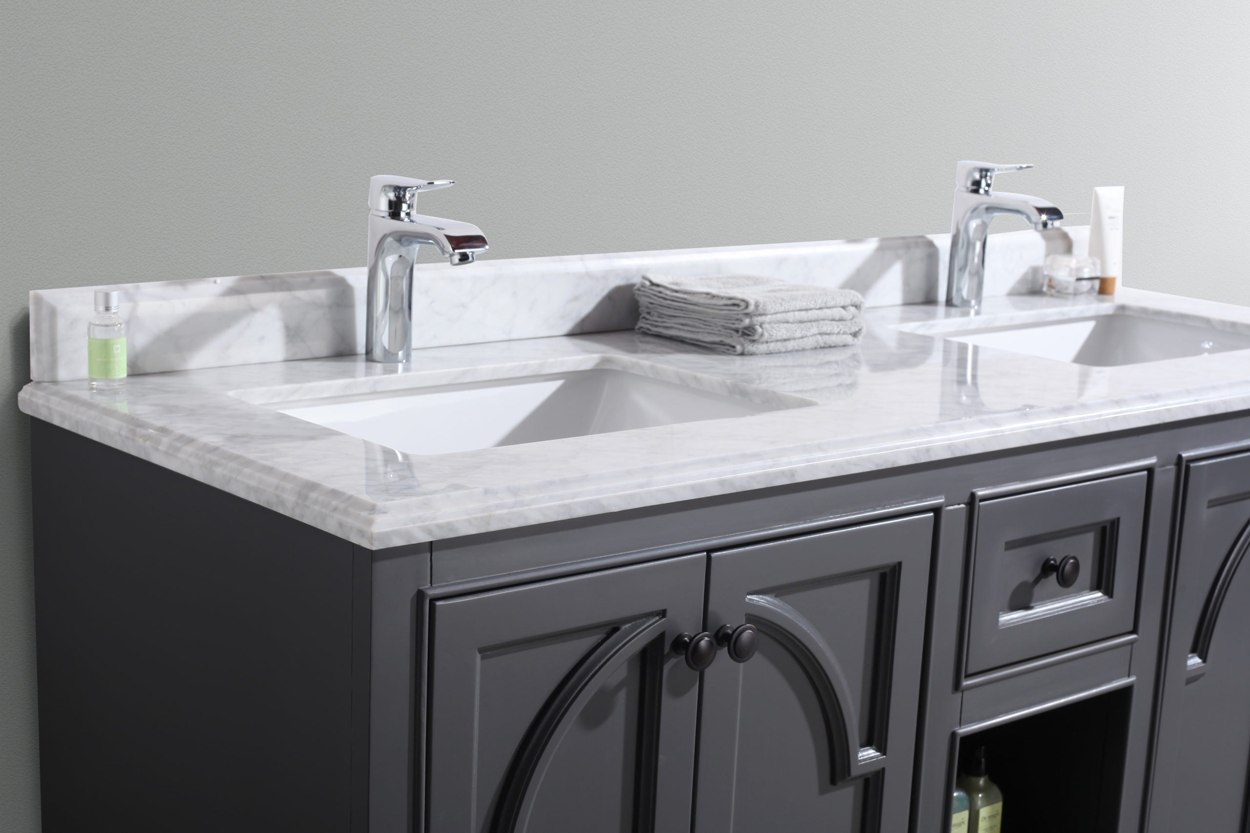 Laviva - Odyssey 60" Maple Grey Double Sink Bathroom Vanity with White Carrara Marble Countertop | 313613-60G-WC Laviva - Odyssey 60" Maple Grey Double Sink Bathroom Vanity with White Carrara Marble Countertop | 313613-60G-WC