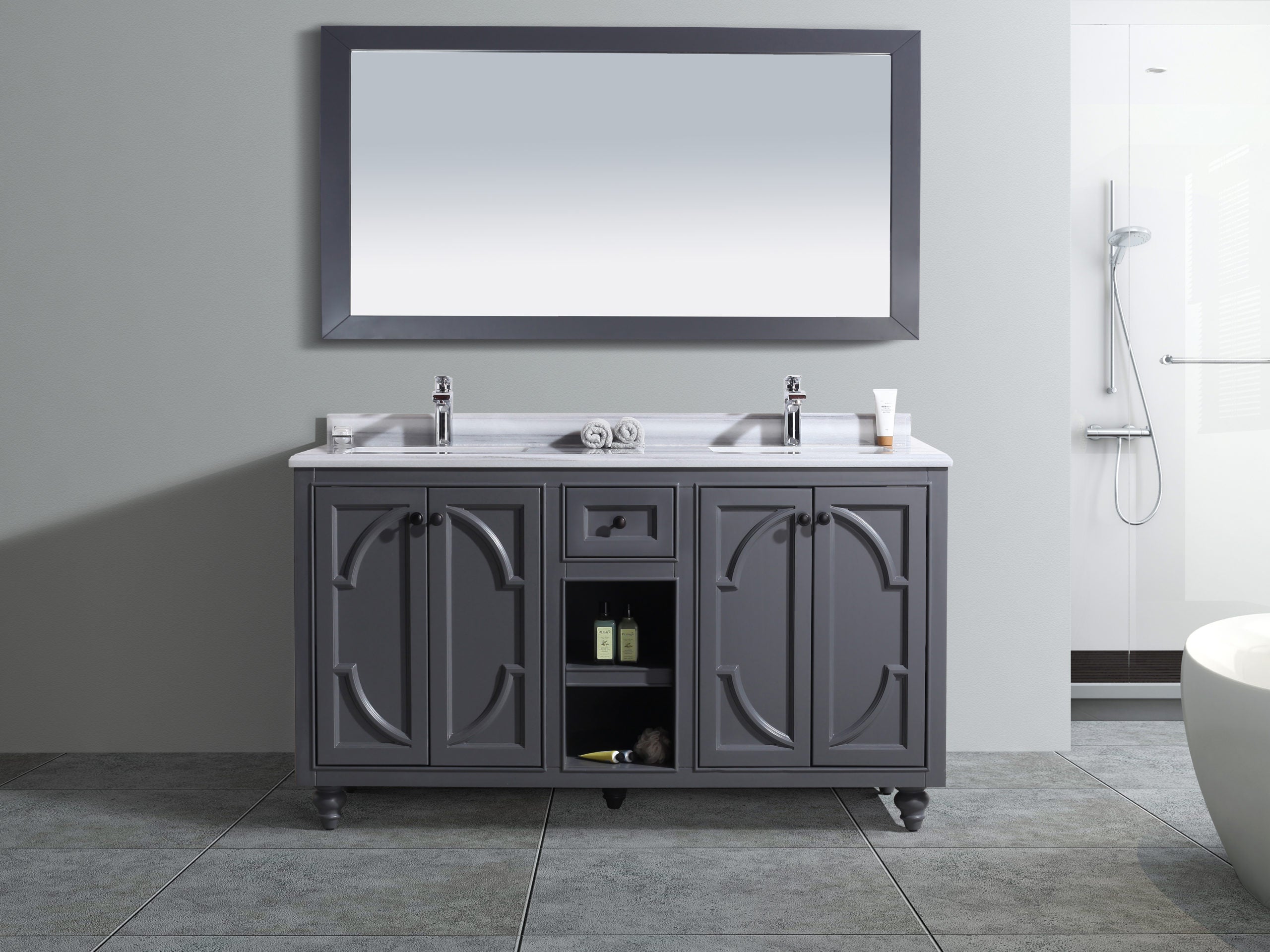 Laviva - Odyssey 60" Maple Grey Double Sink Bathroom Vanity with White Stripes Marble Countertop | 313613-60G-WS Laviva - Odyssey 60" Maple Grey Double Sink Bathroom Vanity with White Stripes Marble Countertop | 313613-60G-WS