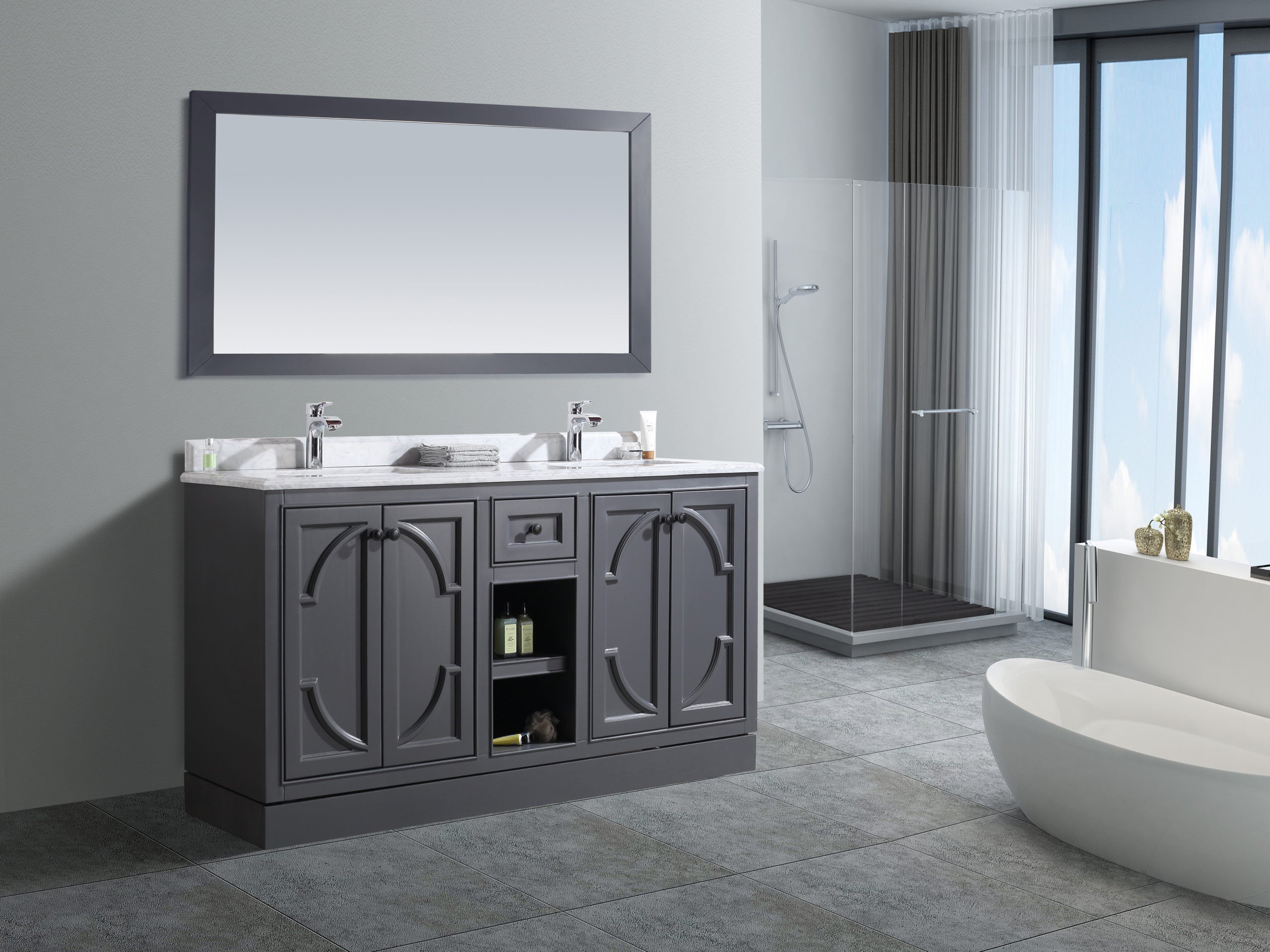Laviva - Odyssey 60" Maple Grey Double Sink Bathroom Vanity with White Stripes Marble Countertop | 313613-60G-WS Laviva - Odyssey 60" Maple Grey Double Sink Bathroom Vanity with White Stripes Marble Countertop | 313613-60G-WS
