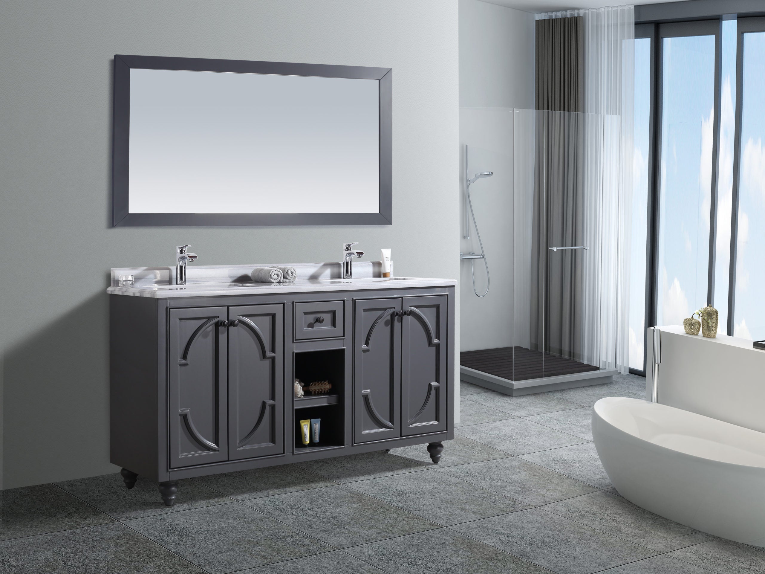 Laviva - Odyssey 60" Maple Grey Double Sink Bathroom Vanity with White Stripes Marble Countertop | 313613-60G-WS Laviva - Odyssey 60" Maple Grey Double Sink Bathroom Vanity with White Stripes Marble Countertop | 313613-60G-WS