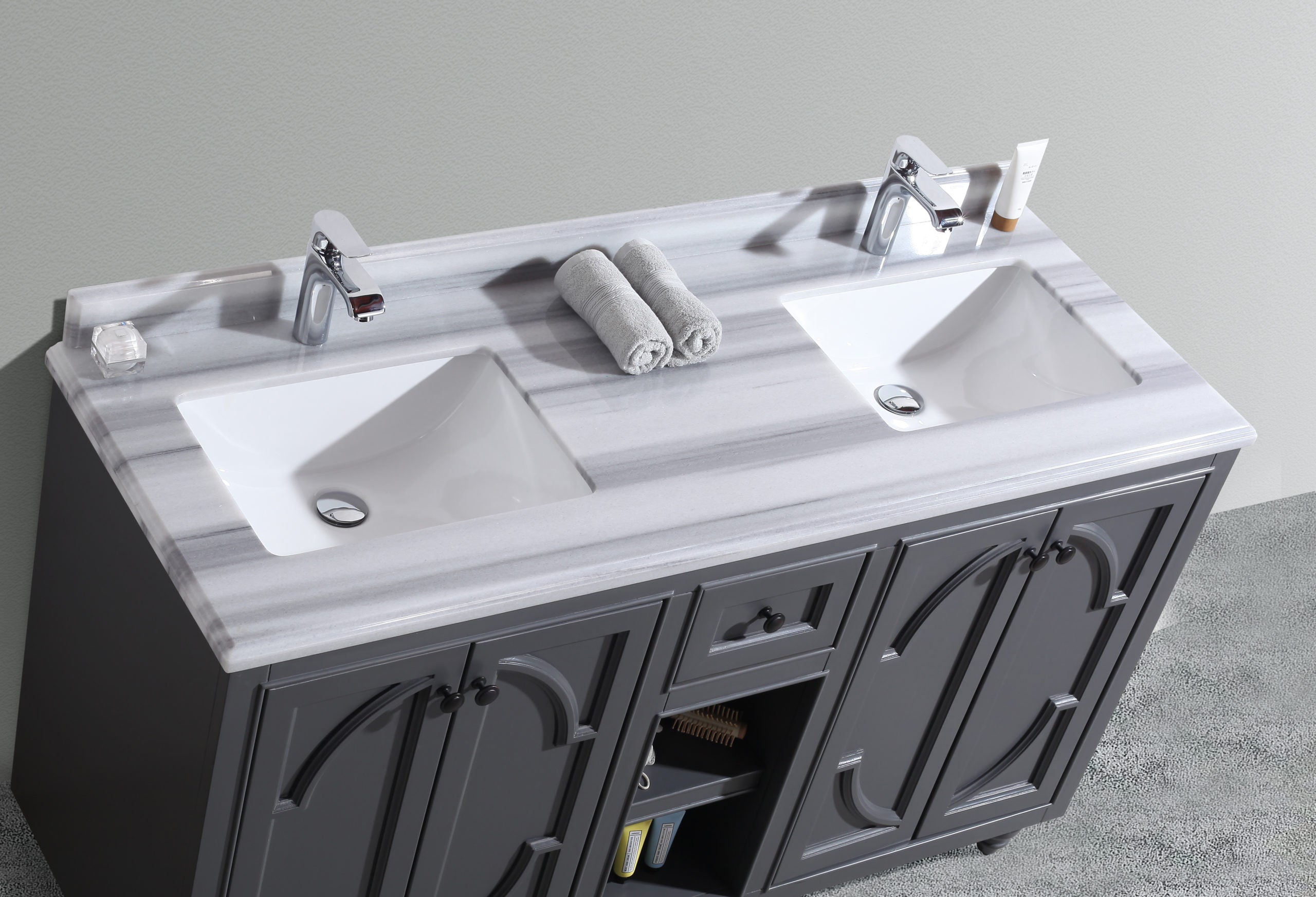 Laviva - Odyssey 60" Maple Grey Double Sink Bathroom Vanity with White Stripes Marble Countertop | 313613-60G-WS Laviva - Odyssey 60" Maple Grey Double Sink Bathroom Vanity with White Stripes Marble Countertop | 313613-60G-WS