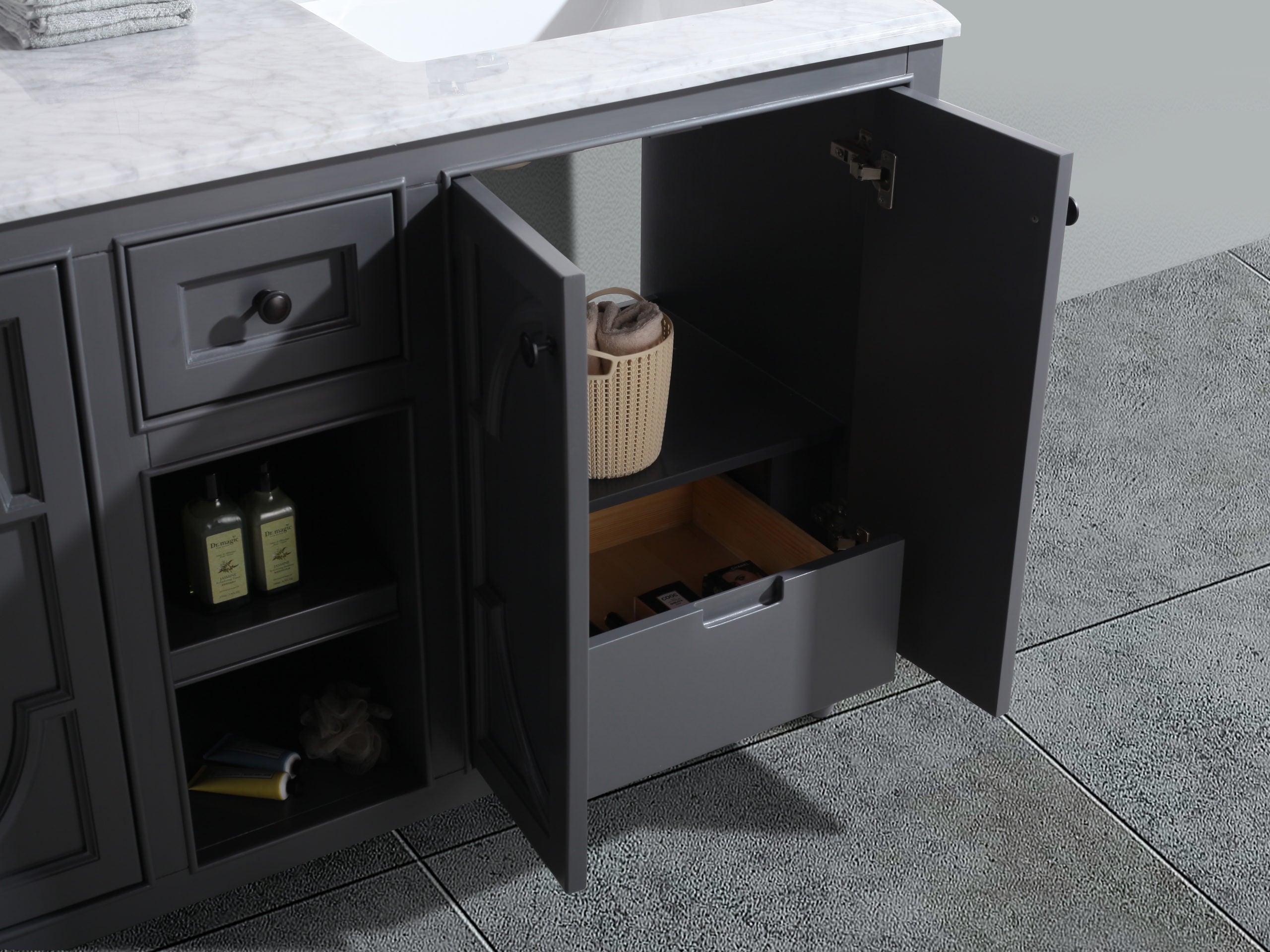 Laviva - Odyssey 60" Maple Grey Double Sink Bathroom Vanity with White Stripes Marble Countertop | 313613-60G-WS Laviva - Odyssey 60" Maple Grey Double Sink Bathroom Vanity with White Stripes Marble Countertop | 313613-60G-WS