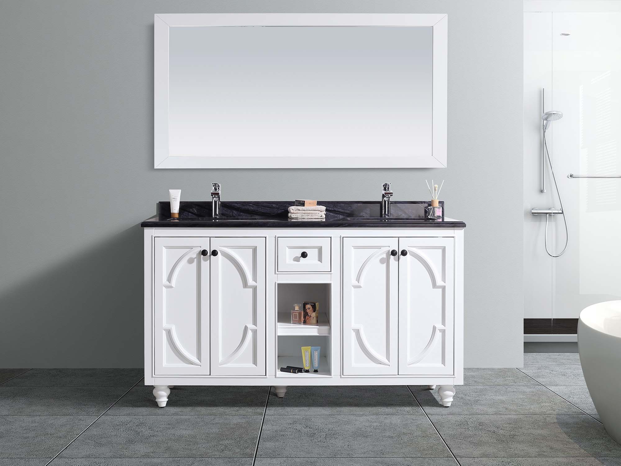 Laviva - Odyssey 60" White Double Sink Bathroom Vanity with Black Wood Marble Countertop | 313613-60W-BW Laviva - Odyssey 60" White Double Sink Bathroom Vanity with Black Wood Marble Countertop | 313613-60W-BW