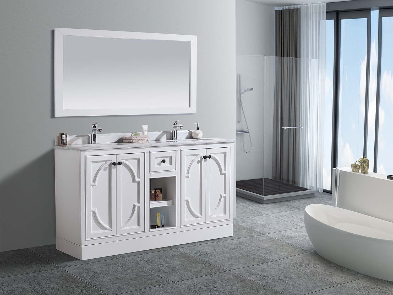 Laviva - Odyssey 60" White Double Sink Bathroom Vanity with Black Wood Marble Countertop | 313613-60W-BW Laviva - Odyssey 60" White Double Sink Bathroom Vanity with Black Wood Marble Countertop | 313613-60W-BW