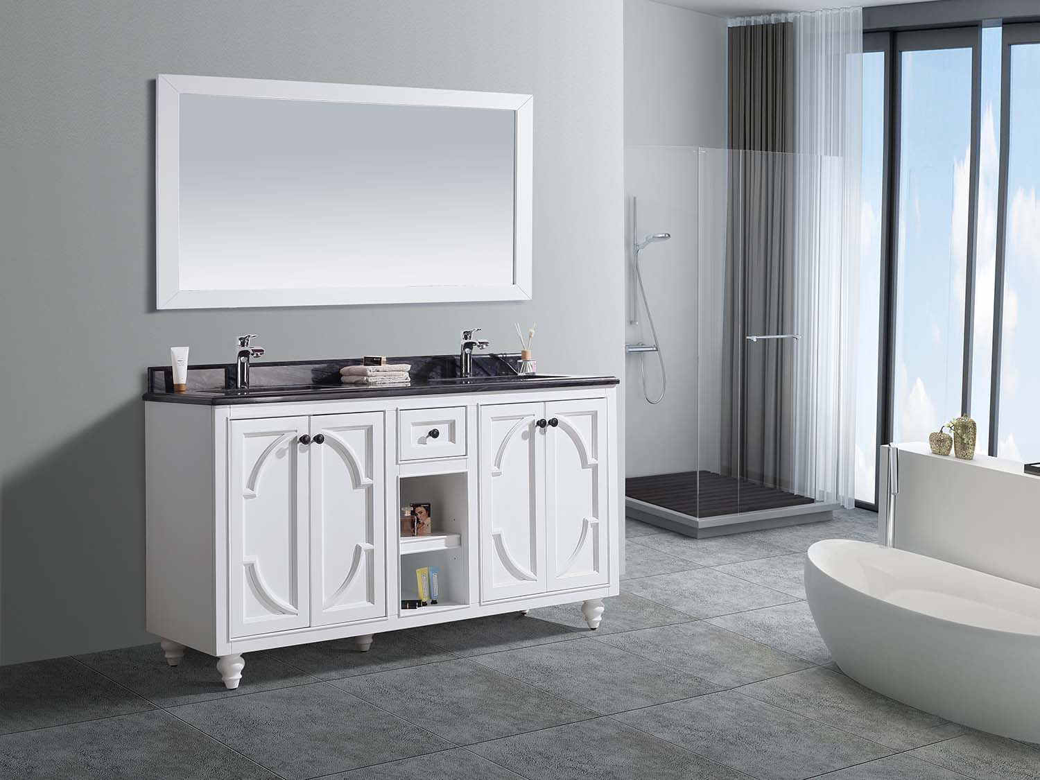 Laviva - Odyssey 60" White Double Sink Bathroom Vanity with Black Wood Marble Countertop | 313613-60W-BW Laviva - Odyssey 60" White Double Sink Bathroom Vanity with Black Wood Marble Countertop | 313613-60W-BW