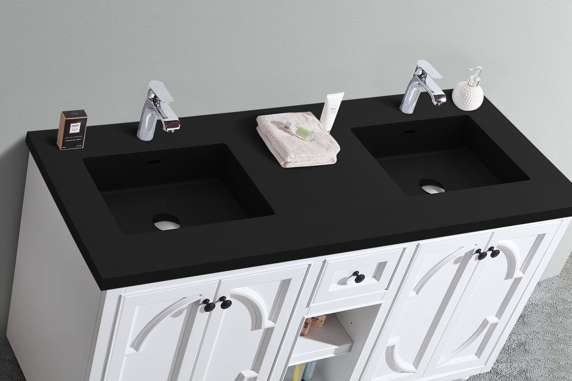Laviva - Odyssey 60" White Double Sink Bathroom Vanity with Matte Black VIVA Stone Solid Surface Countertop | 313613-60W-MB Laviva - Odyssey 60" White Double Sink Bathroom Vanity with Matte Black VIVA Stone Solid Surface Countertop | 313613-60W-MB
