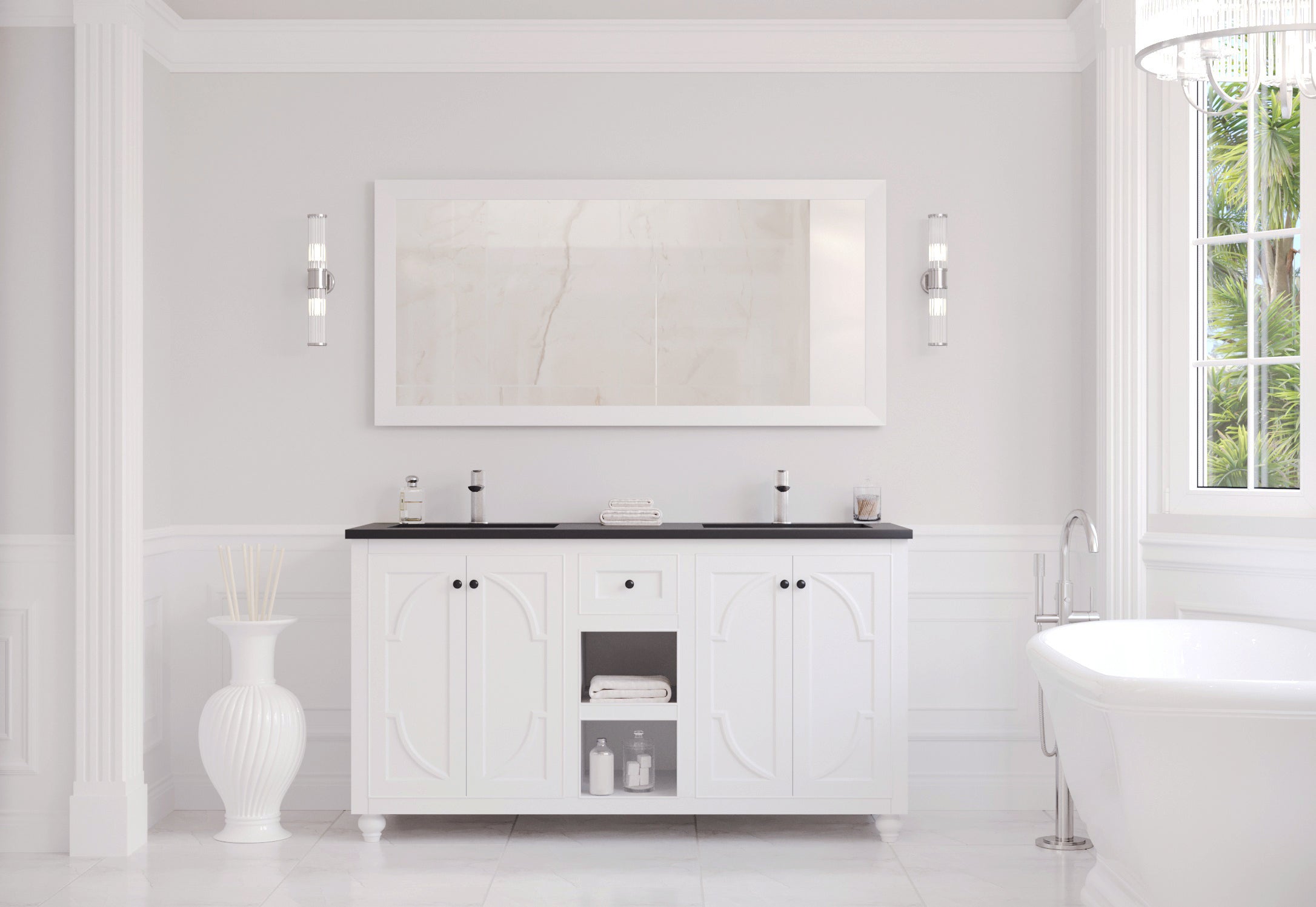 Laviva - Odyssey 60" White Double Sink Bathroom Vanity with Matte Black VIVA Stone Solid Surface Countertop | 313613-60W-MB Laviva - Odyssey 60" White Double Sink Bathroom Vanity with Matte Black VIVA Stone Solid Surface Countertop | 313613-60W-MB
