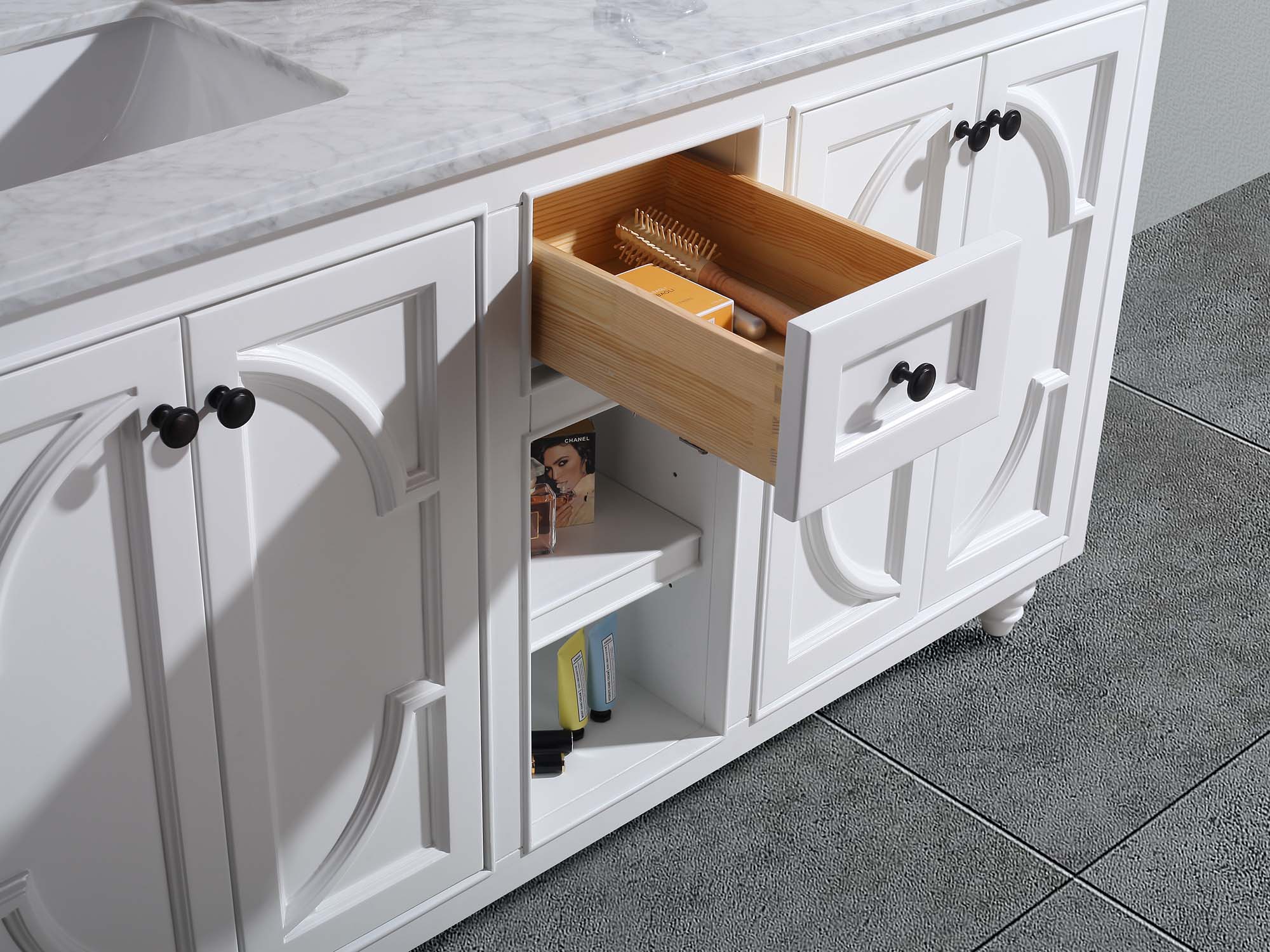 Laviva - Odyssey 60" White Double Sink Bathroom Vanity with Matte Black VIVA Stone Solid Surface Countertop | 313613-60W-MB Laviva - Odyssey 60" White Double Sink Bathroom Vanity with Matte Black VIVA Stone Solid Surface Countertop | 313613-60W-MB