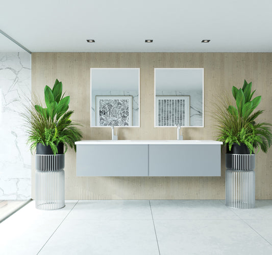 Laviva - Vitri 72" Fossil Grey Double Sink Bathroom Vanity with VIVA Stone Matte White Solid Surface Countertop | 313VTR-72DFG-MW