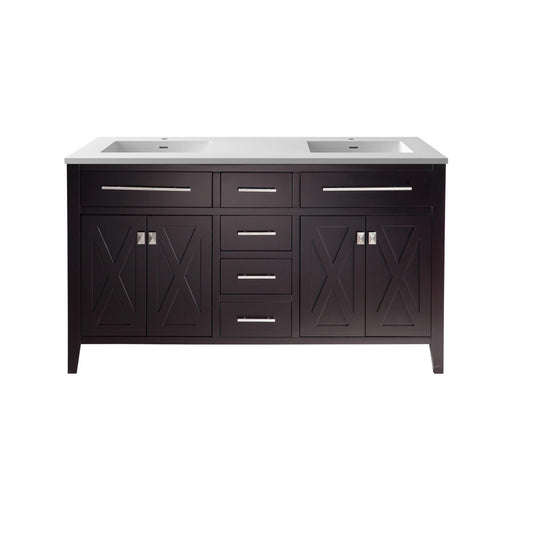 Laviva - Wimbledon 60" Brown Double Sink Bathroom Vanity with Matte White VIVA Stone Solid Surface Countertop | 313YG319-60B-MW