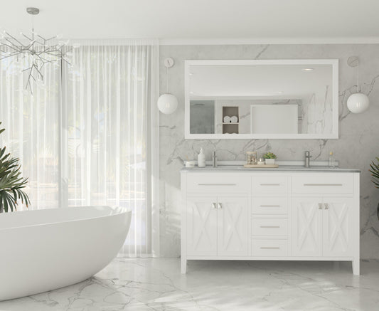 Laviva - Wimbledon 60" White Double Sink Bathroom Vanity with White Stripes Marble Countertop | 313YG319-60W-WS