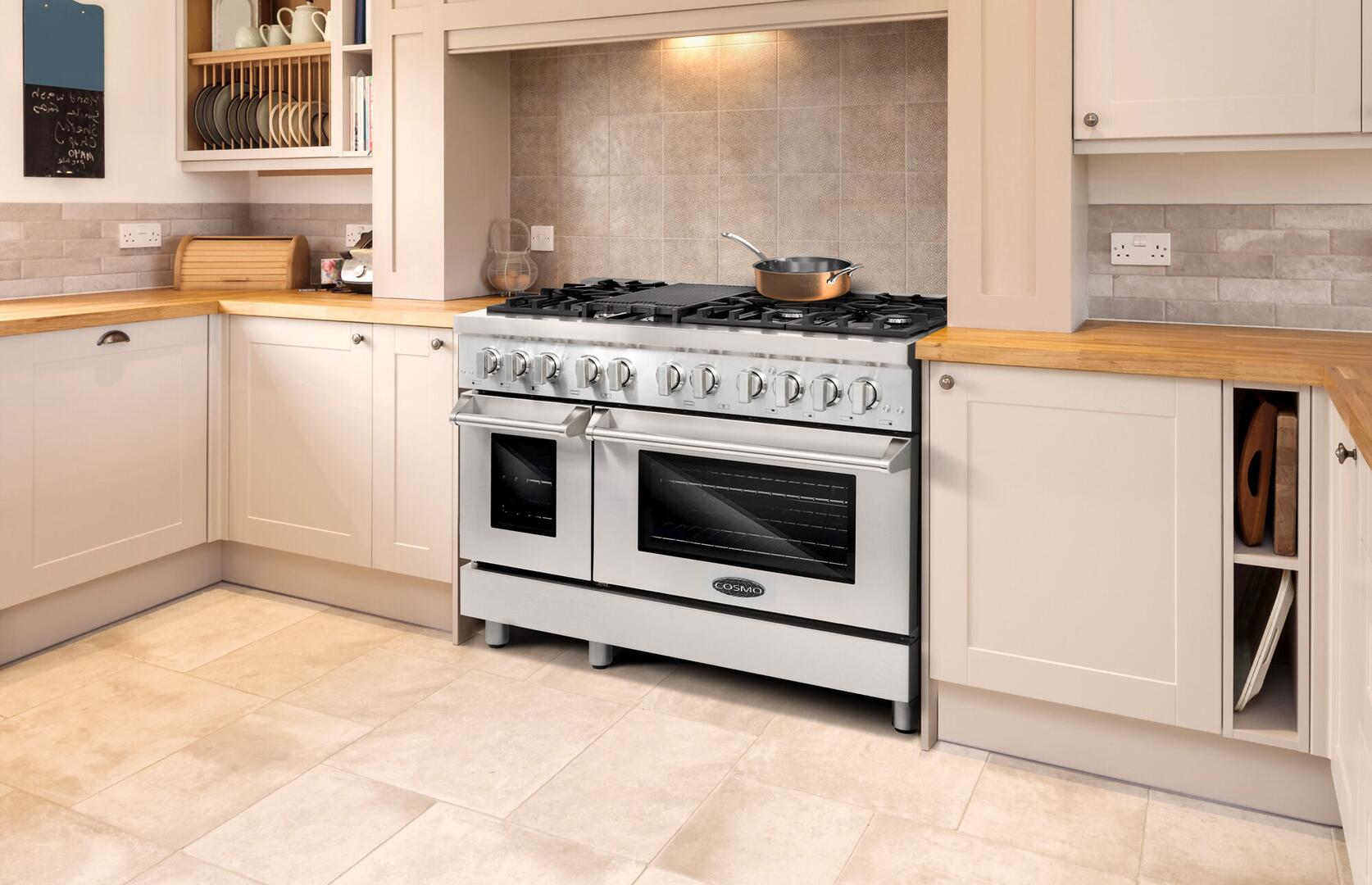 Cosmo - Commercial-Style 48 in. 5.5 cu. ft. Double Oven Gas Range with 8 Italian Burners and Heavy Duty Cast Iron Grates in Stainless Steel | COS-GRP486G Cosmo - Commercial-Style 48 in. 5.5 cu. ft. Double Oven Gas Range with 8 Italian Burners and Heavy Duty Cast Iron Grates in Stainless Steel | COS-GRP486G