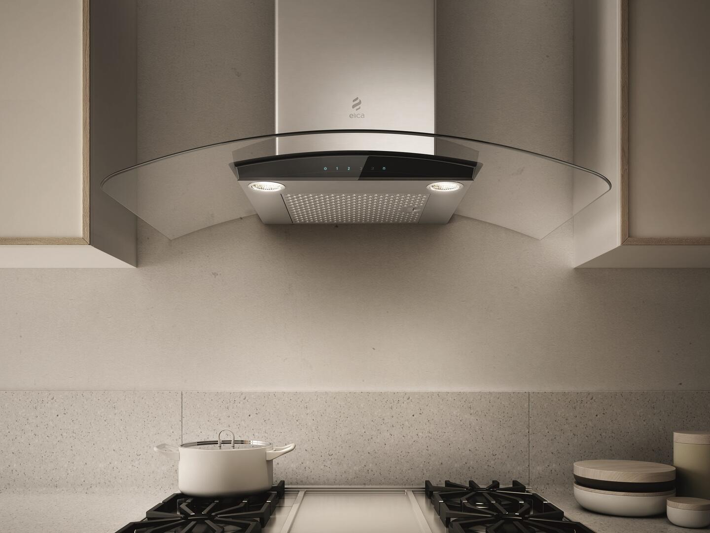 Elica - COMO - Techne - 36" W x 19 11/16" D x 1 15/16" H, Stainless & Black Glass + Clear Glass Canopy - Wall Mount Hoods | ECM636S3 Elica - COMO - Techne - 36" W x 19 11/16" D x 1 15/16" H, Stainless & Black Glass + Clear Glass Canopy - Wall Mount Hoods | ECM636S3