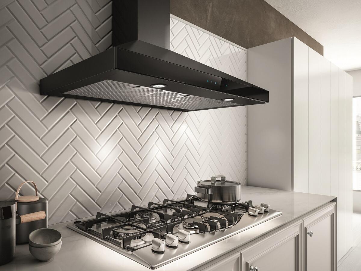 Elica - VARNA BLACK - Techne - 36" W x 19 11/16" D x 10 1/4" H, Black Stainless & Black Glass - Wall Mount Hoods | EVR636BL Elica - VARNA BLACK - Techne - 36" W x 19 11/16" D x 10 1/4" H, Black Stainless & Black Glass - Wall Mount Hoods | EVR636BL