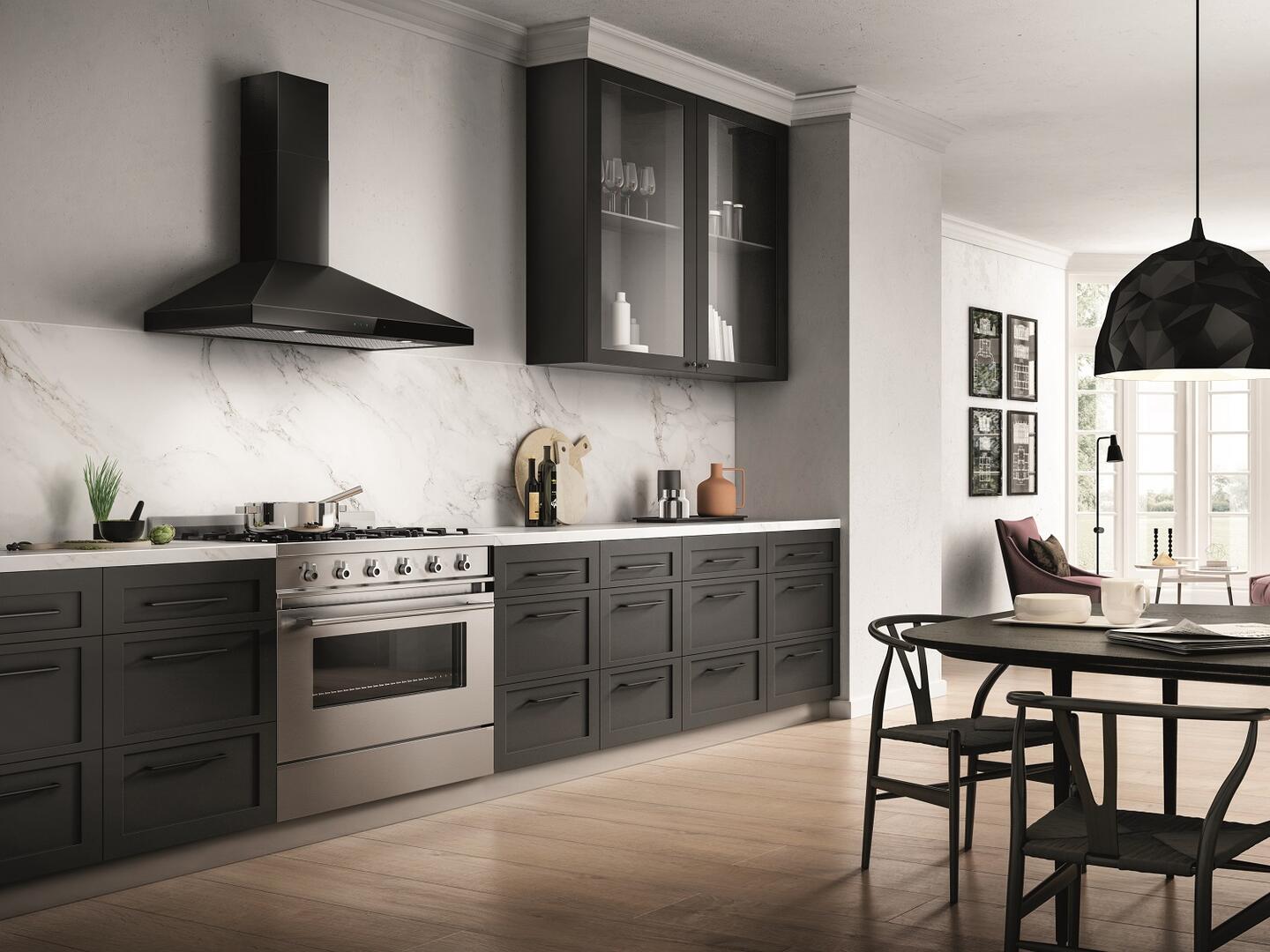 Elica - VARNA BLACK - Techne - 36" W x 19 11/16" D x 10 1/4" H, Black Stainless & Black Glass - Wall Mount Hoods | EVR636BL Elica - VARNA BLACK - Techne - 36" W x 19 11/16" D x 10 1/4" H, Black Stainless & Black Glass - Wall Mount Hoods | EVR636BL