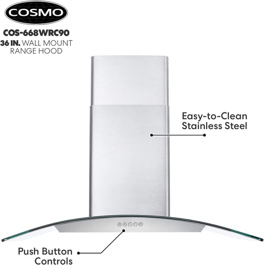 Cosmo - 36 in. Ductless Wall Mount Range Hood in Stainless Steel with Push Button Controls, LED Lighting and Carbon Filter Kit for Recirculating | COS-668WRC90-DL