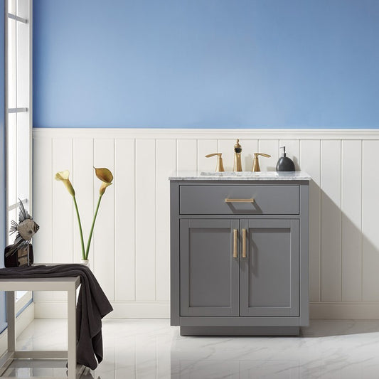 Altair - Ivy 30" Single Bathroom Vanity Set in Gray/Classic Blue/White and Carrara White Marble Countertop without Mirror | 531030-XX-CA-NM