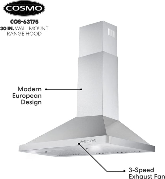Cosmo - 30 in. Ductless Wall Mount Range Hood in Stainless Steel with LED Lighting and Carbon Filter Kit for Recirculating | COS-63175-DL