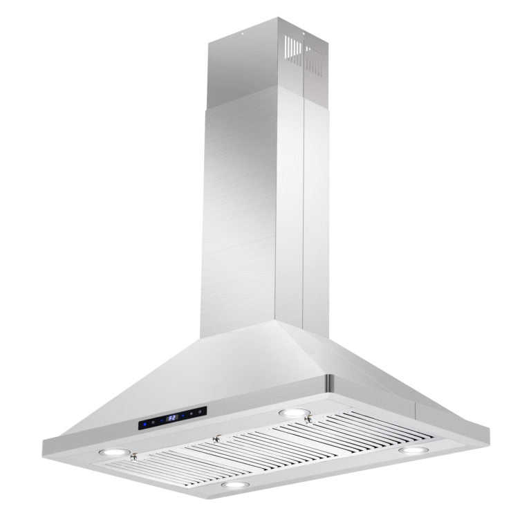 Cosmo - 36 in. Ducted Island Range Hood with 380 CFM, 3-Speed Fan, Permanent Filters, LED Lights in Stainless Steel | COS-63ISS90 Cosmo - 36 in. Ducted Island Range Hood with 380 CFM, 3-Speed Fan, Permanent Filters, LED Lights in Stainless Steel | COS-63ISS90