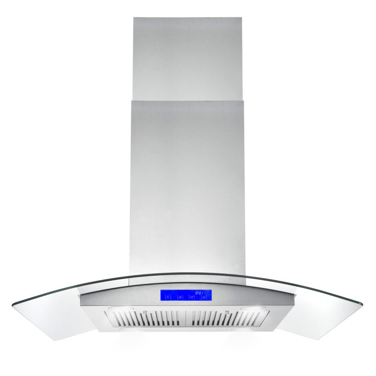 Cosmo - 668ICS900 36 in. Island Range Hood with 380 CFM, 3 Speeds, Ducted, Permanent Filters, Soft Touch Controls, LED Lights, Curved Glass Hood in Stainless Steel | COS-668ICS900 Cosmo - 668ICS900 36 in. Island Range Hood with 380 CFM, 3 Speeds, Ducted, Permanent Filters, Soft Touch Controls, LED Lights, Curved Glass Hood in Stainless Steel | COS-668ICS900