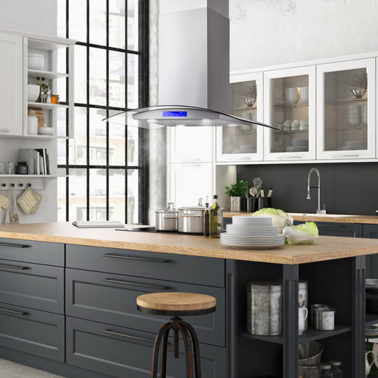 Cosmo - 668ICS900 36 in. Island Range Hood with 380 CFM, 3 Speeds, Ducted, Permanent Filters, Soft Touch Controls, LED Lights, Curved Glass Hood in Stainless Steel | COS-668ICS900