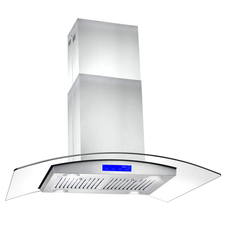 Cosmo - 668ICS900 36 in. Island Range Hood with 380 CFM, 3 Speeds, Ducted, Permanent Filters, Soft Touch Controls, LED Lights, Curved Glass Hood in Stainless Steel | COS-668ICS900 Cosmo - 668ICS900 36 in. Island Range Hood with 380 CFM, 3 Speeds, Ducted, Permanent Filters, Soft Touch Controls, LED Lights, Curved Glass Hood in Stainless Steel | COS-668ICS900