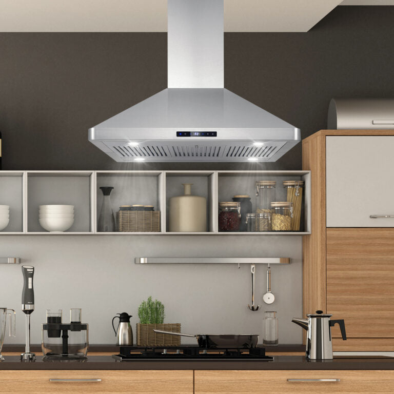Cosmo - 36 in. Ducted Island Range Hood with 380 CFM, 3-Speed Fan, Permanent Filters, LED Lights in Stainless Steel | COS-63ISS90 Cosmo - 36 in. Ducted Island Range Hood with 380 CFM, 3-Speed Fan, Permanent Filters, LED Lights in Stainless Steel | COS-63ISS90