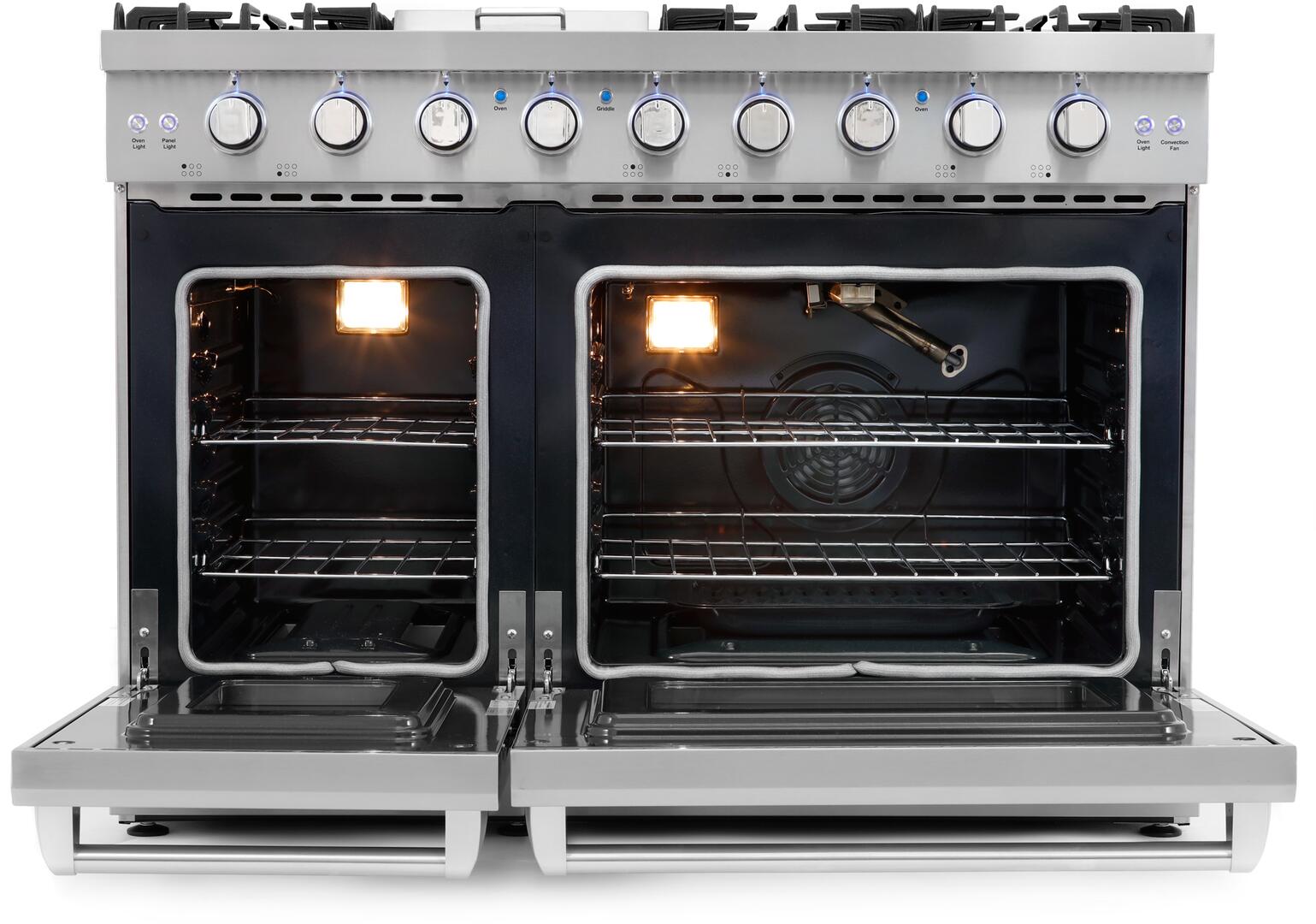 Cosmo - 48 in. 6.8 cu. ft. Double Oven Commercial Gas Range with Fan Assist Convection Oven in Stainless Steel Storage Drawer | COS-EPGR486G Cosmo - 48 in. 6.8 cu. ft. Double Oven Commercial Gas Range with Fan Assist Convection Oven in Stainless Steel Storage Drawer | COS-EPGR486G