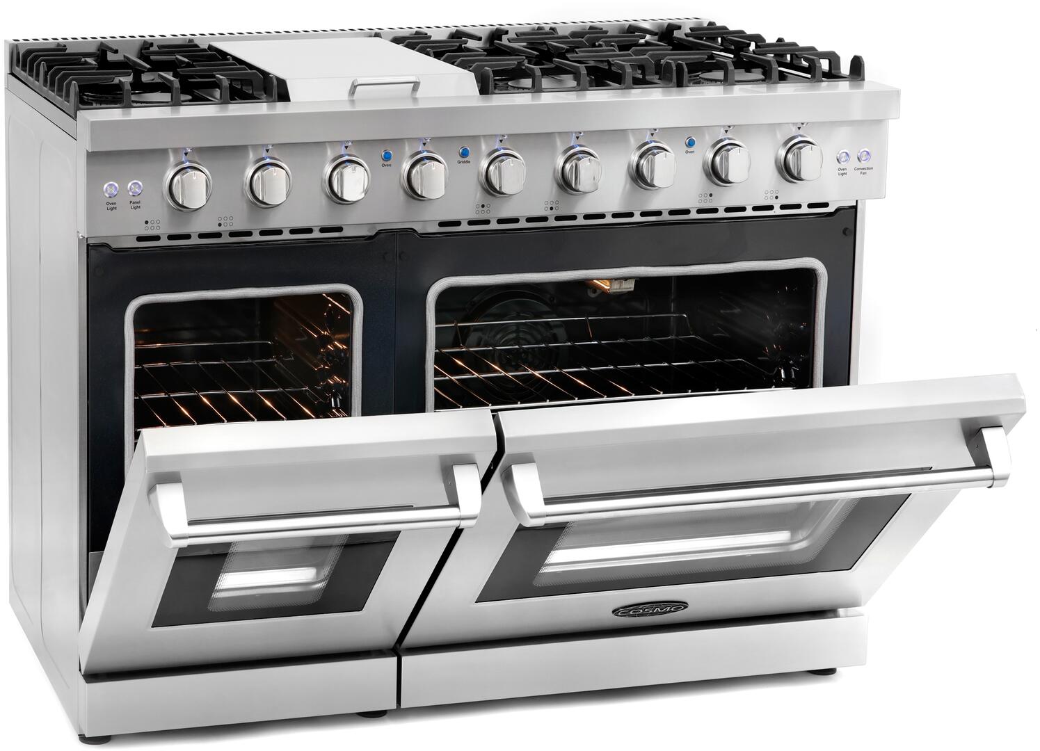Cosmo - 48 in. 6.8 cu. ft. Double Oven Commercial Gas Range with Fan Assist Convection Oven in Stainless Steel Storage Drawer | COS-EPGR486G Cosmo - 48 in. 6.8 cu. ft. Double Oven Commercial Gas Range with Fan Assist Convection Oven in Stainless Steel Storage Drawer | COS-EPGR486G